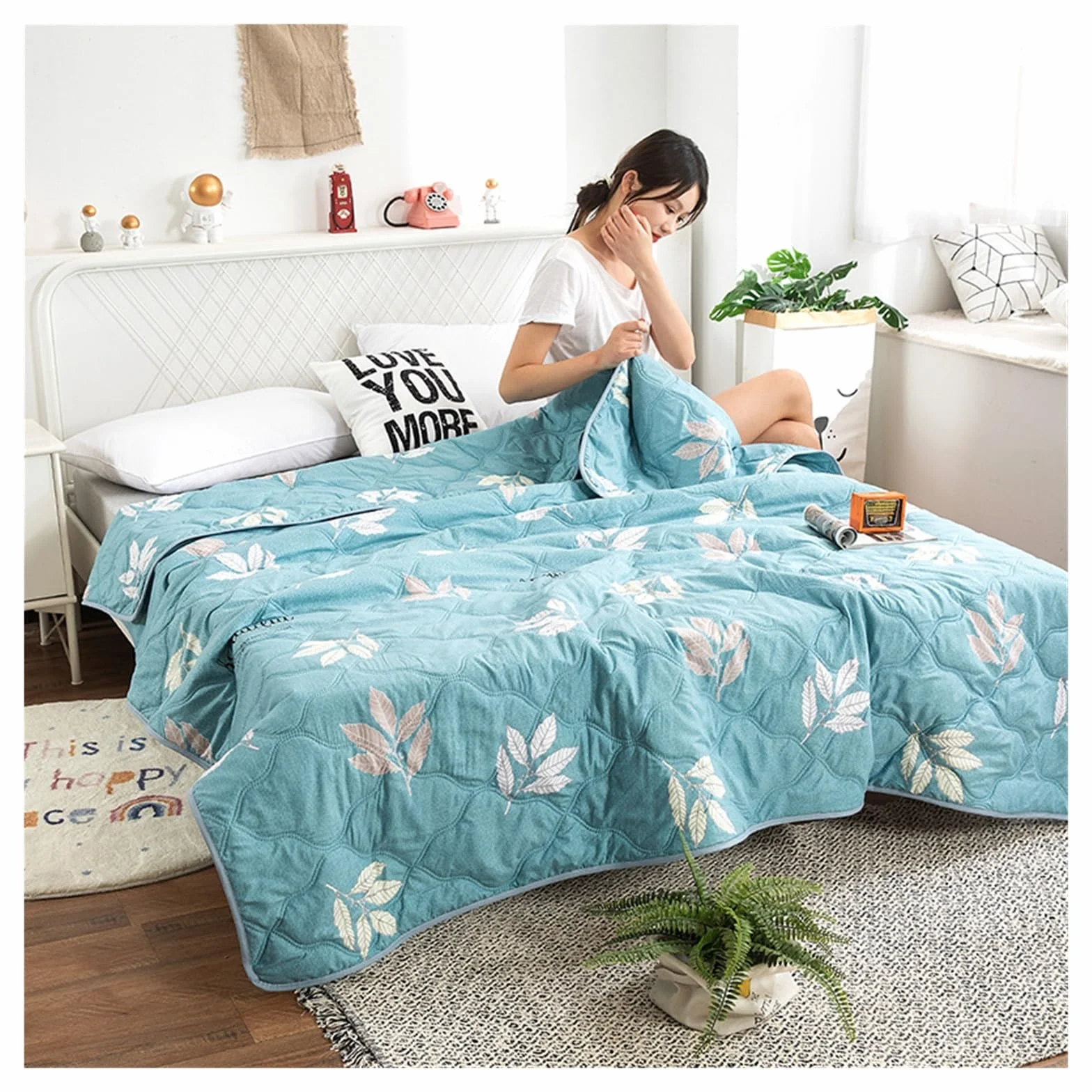 Washed Cotton Blanket Quilt Soft Summer Cool Air-Conditioning Comforter Printed Single Double Student Dormitory Quilt for Sofa Bed 150x200 cm All-Season