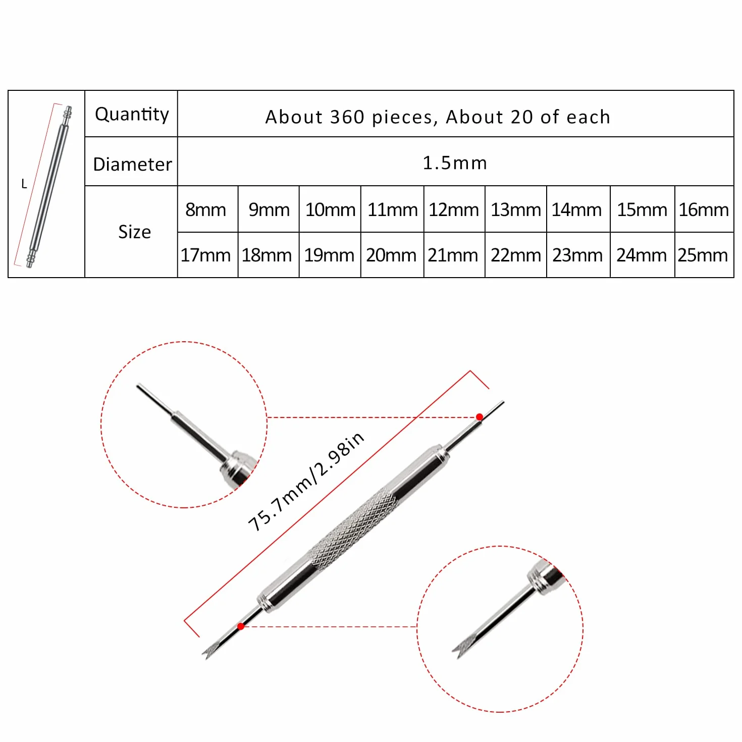 YIXISI 360 Sztuk 1.5mm Watch Spring Bars, Watch Band ze Stali Nierdzewnej Link Pin Spring Bars, Watch Pin Remover Tool Set 8-25 mm (Srebrny)