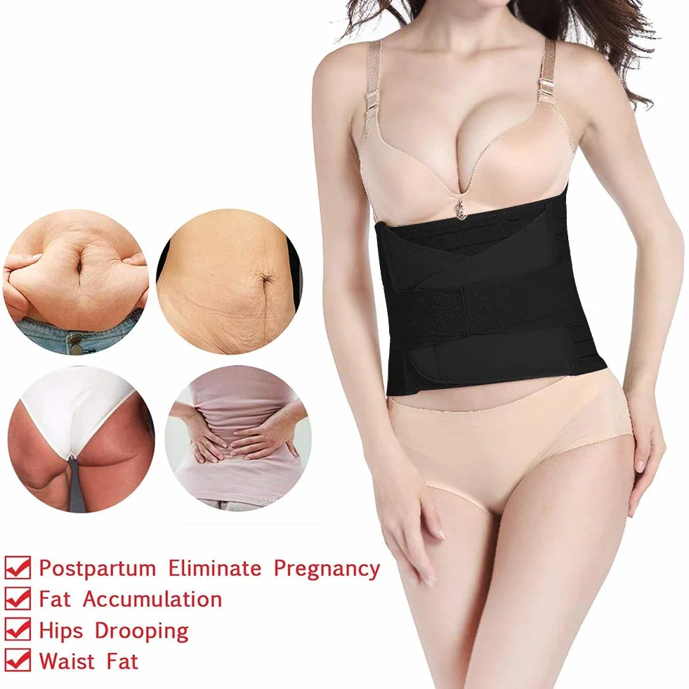 OKPOW 3 w 1 opaska na brzuch po porodzie pas po porodzie damski pas na brzuch wsparcie regeneracji gorset owijany, Czarny, Plus Size for Weight over 190lbs
