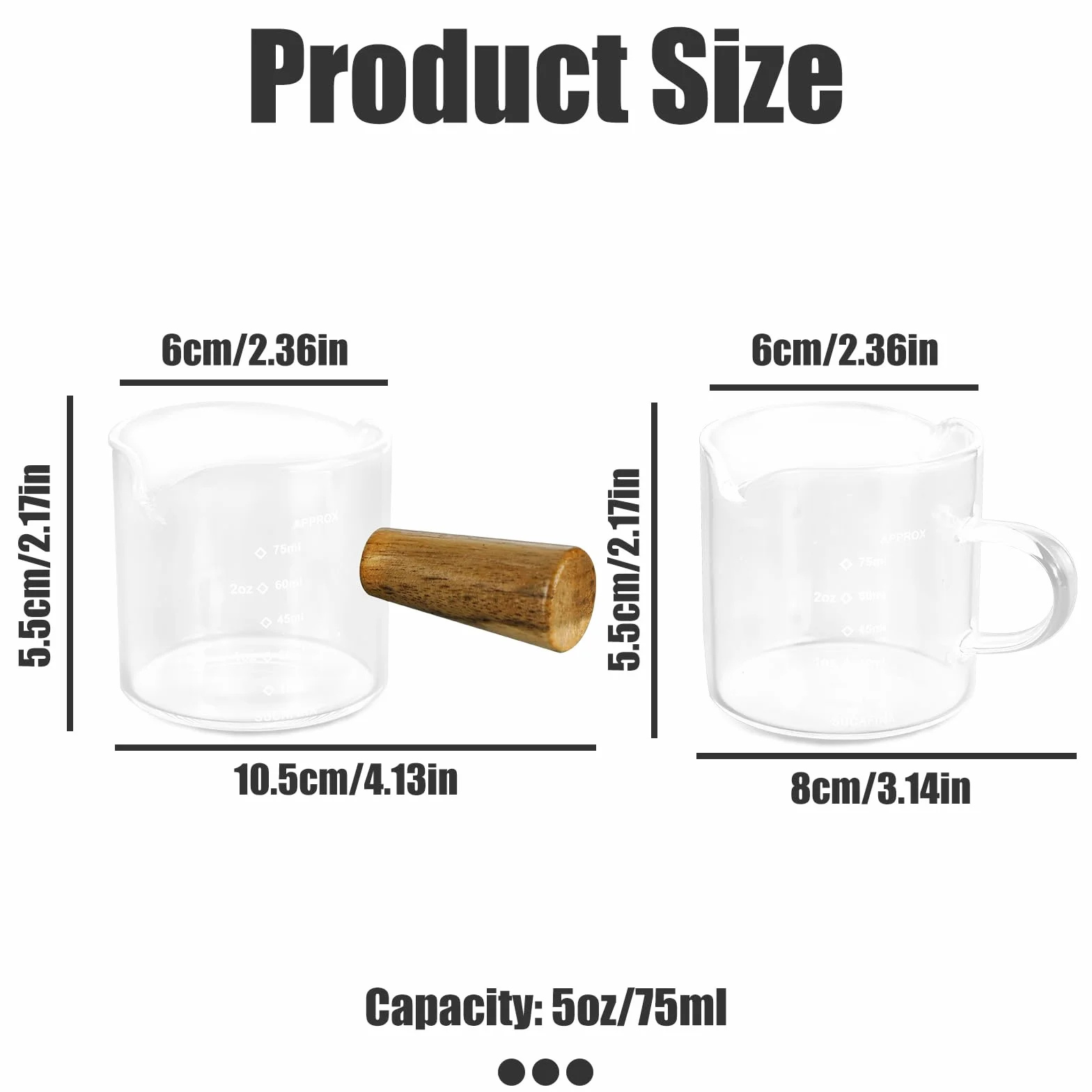 2 sztuki filiżanek do espresso z uchwytem, szklane szklanki do espresso 2.5 oz z miarką i podwójnym odpływem, wielokrotnego użytku szklana miarka z V-kształtnym wylewem do kawy, mleka, soku