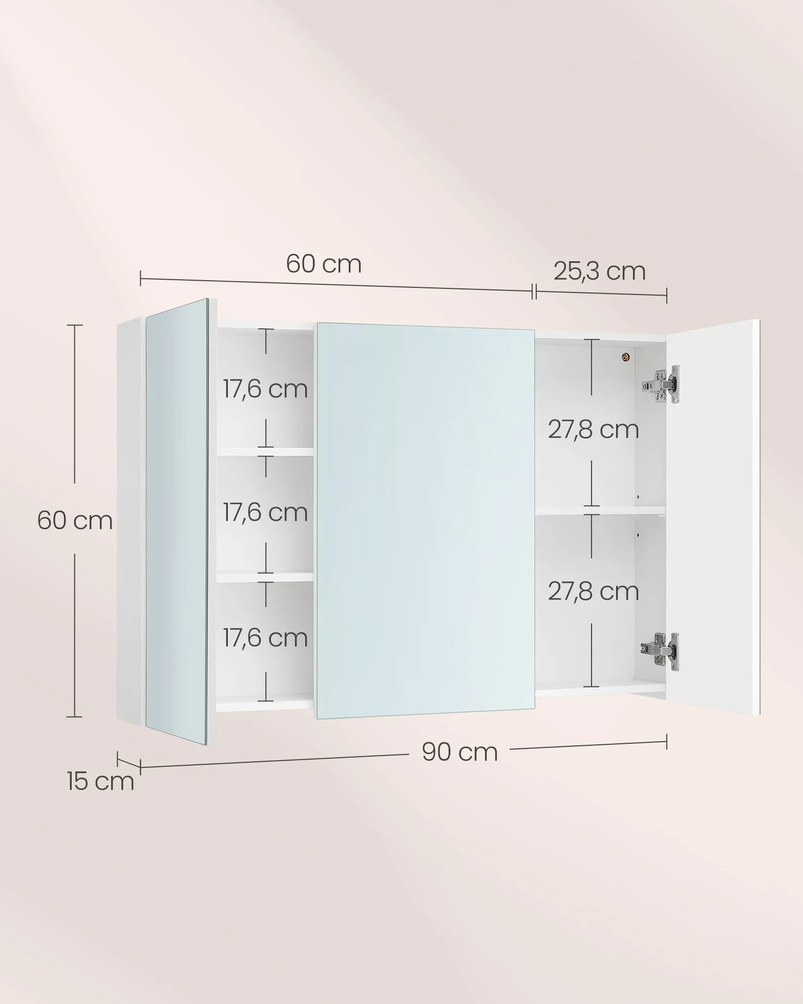 VASAGLE Szafka ścienna do łazienki, szafka z lustrem, 3 drzwi, 15 x 90 x 60 cm, z regulowaną półką, nowoczesna, biała, BBK032W01
