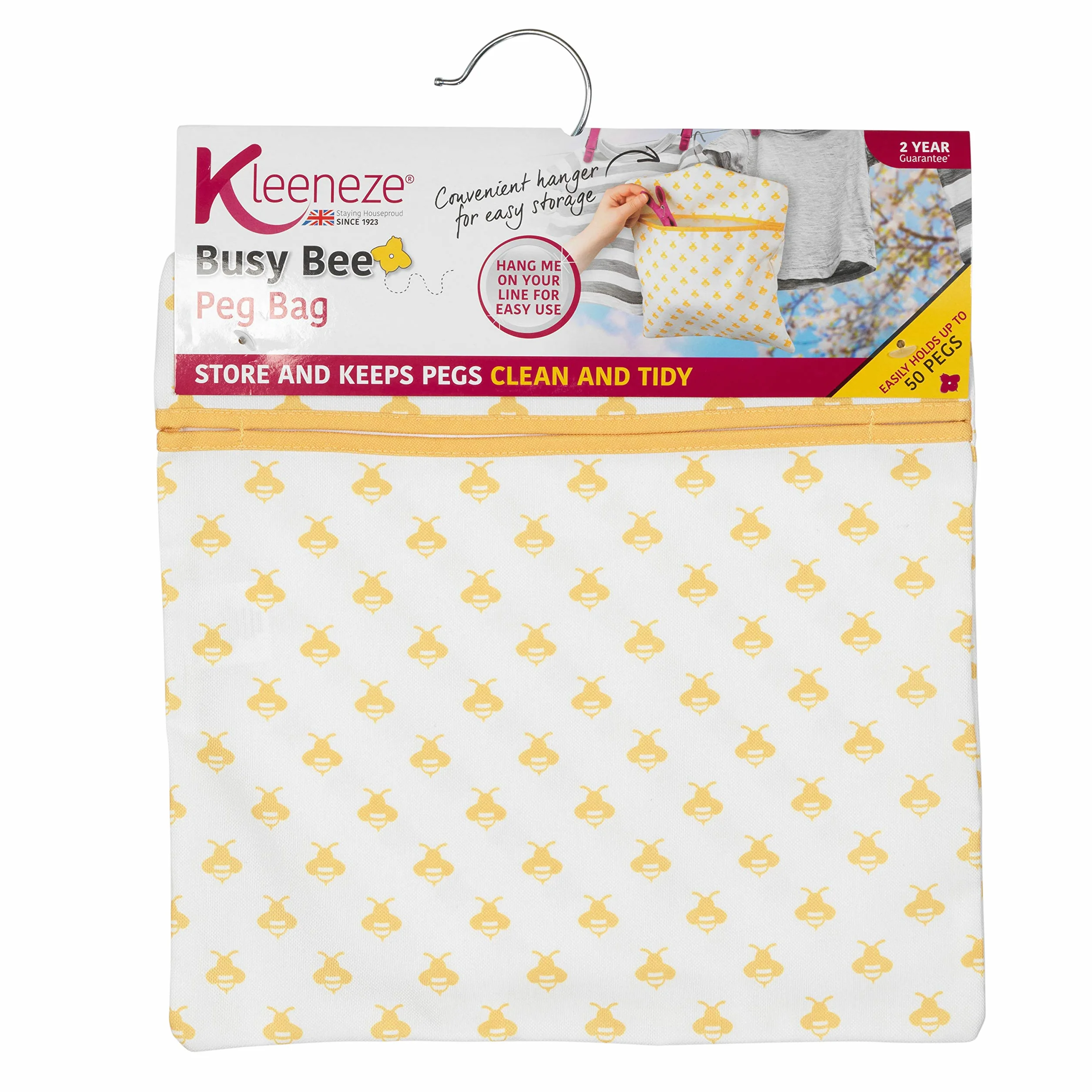 Kleeneze KL081575EU7 Zawieszany na sznurku worek na spinacze do bielizny Busy Bee | Prosty wieszak | Miesci 50 spinaczy | 33 נ30 cm | Zólty/bialy