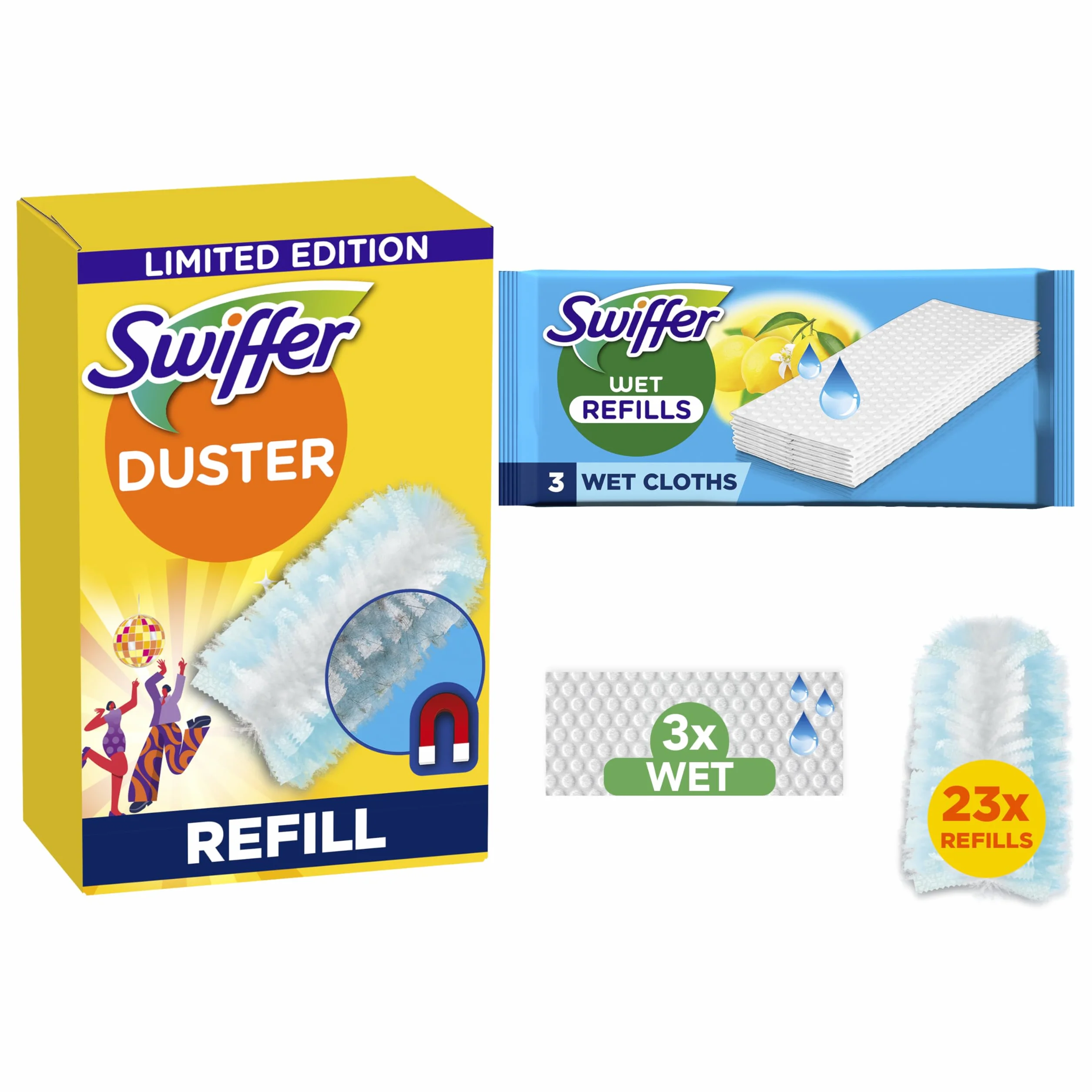 Swiffer Łapie i zatrzymuje kurz, 23 suche wkłady i 3 wkłady na mokro, łapie i zatrzymuje 3 razy więcej włosów i kurzu niż zwykła myjka