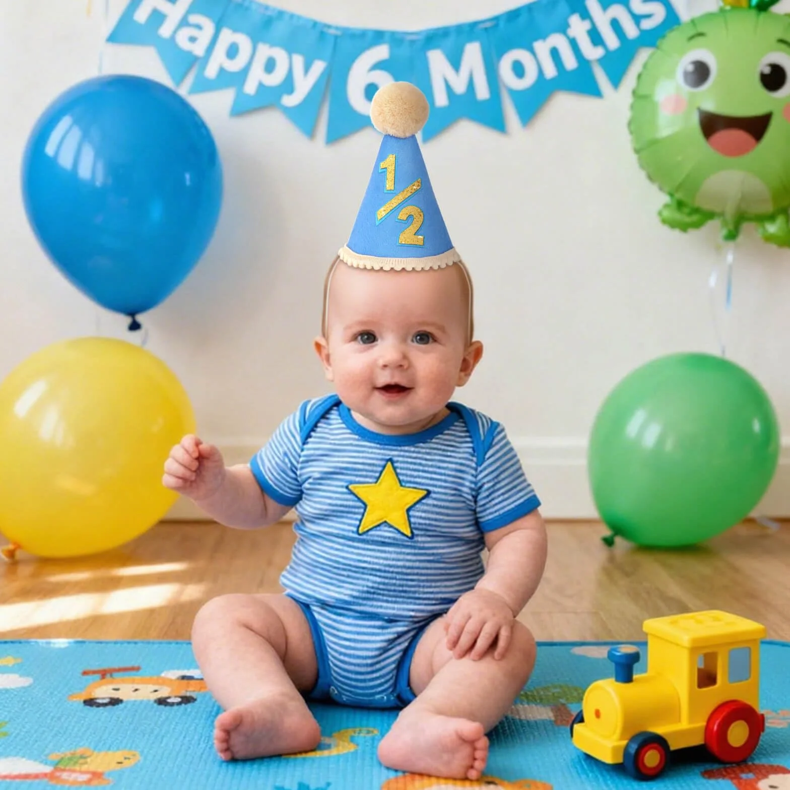 DRESHOW 1/2 Urodzinowy Kapelusz dla Niemowląt Półurodzinowe Stożkowe Kapelusze z Pomponami 6 Miesięcy Cake Smash Photo Props Nakrycia Głowy dla Dziewczynek i Chłopców