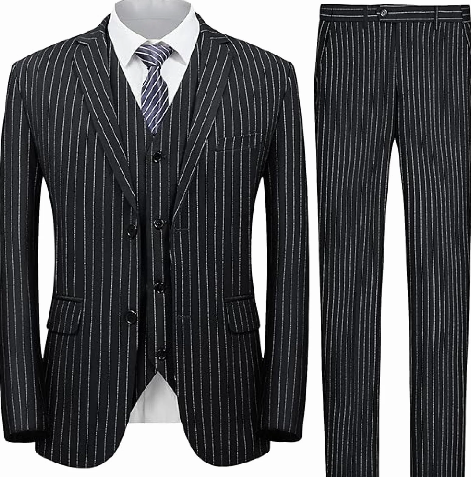TSxuelian Męski prążkowany 3-częściowy garnitur slim fit elegancki jednorzędowy biznes wesele marynarka kamizelka i spodnie zestaw