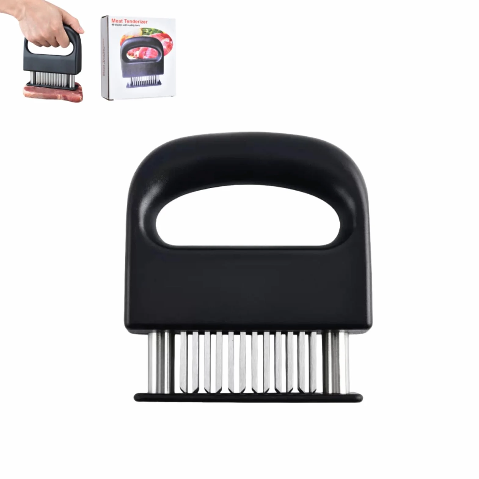 Tenderizer do mięsa z 48 igłami ze stali nierdzewnej, czarny, do wołowiny, kurczaka i wieprzowiny, nadaje się do mycia w zmywarce