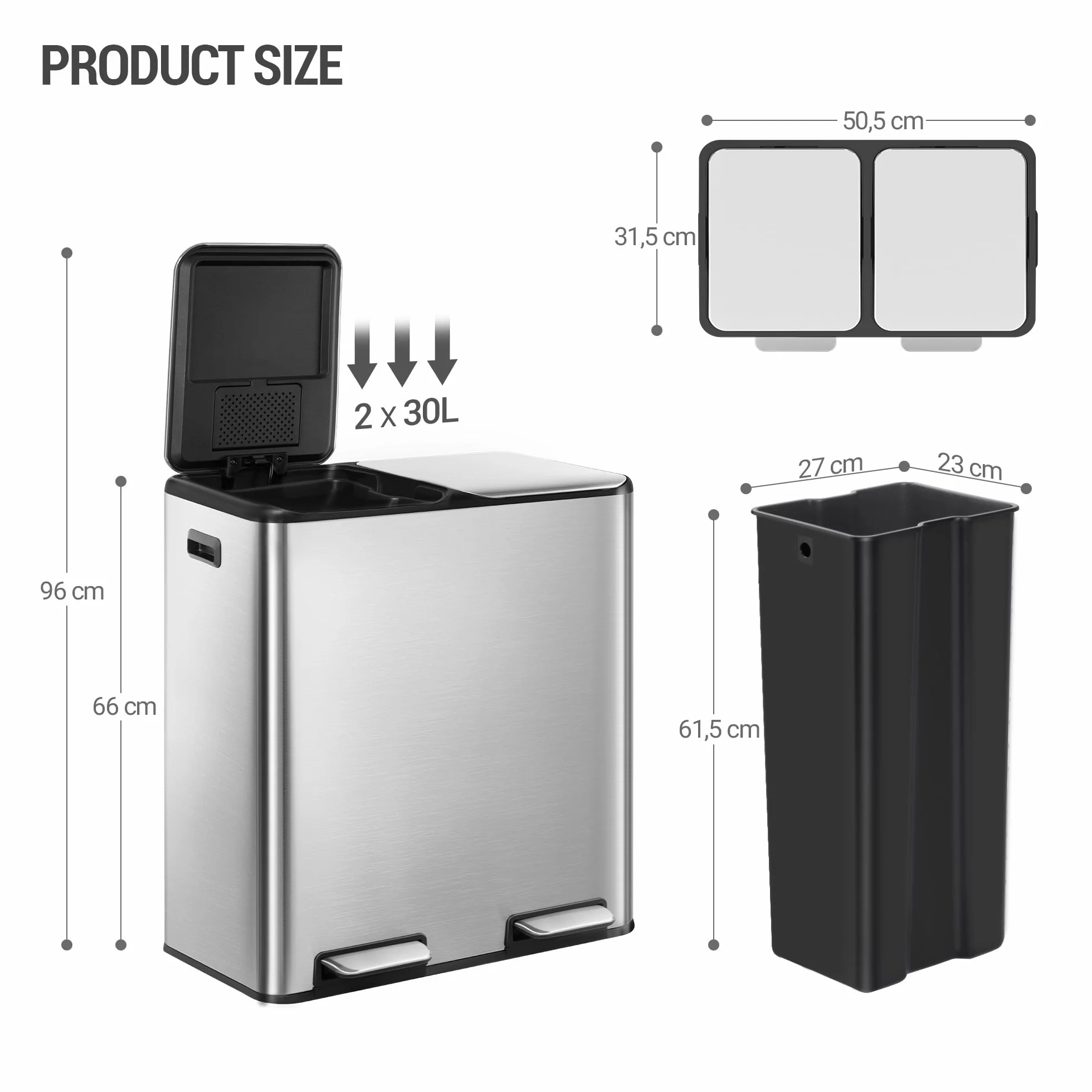 Hzuaneri Kosz na śmieci, system segregacji odpadów, 2 komory, 60 l (2 x 30 l), stal nierdzewna, kosz na śmieci z pedałem, cichy i wolno opadający, z 15 ekskluzywnymi workami na śmieci, srebrny