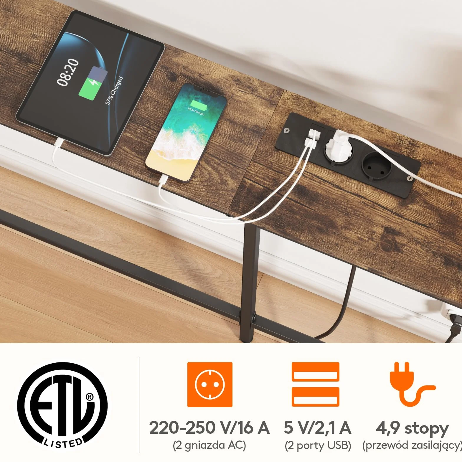 Lifewit 70.9" Wąski, długi stolik konsolowy z 2 gniazdami zasilania i portami USB do salonu, przemysłowy stolik do przedpokoju, korytarz biurowy za sofą, łatwy montaż, rustykalny brąz