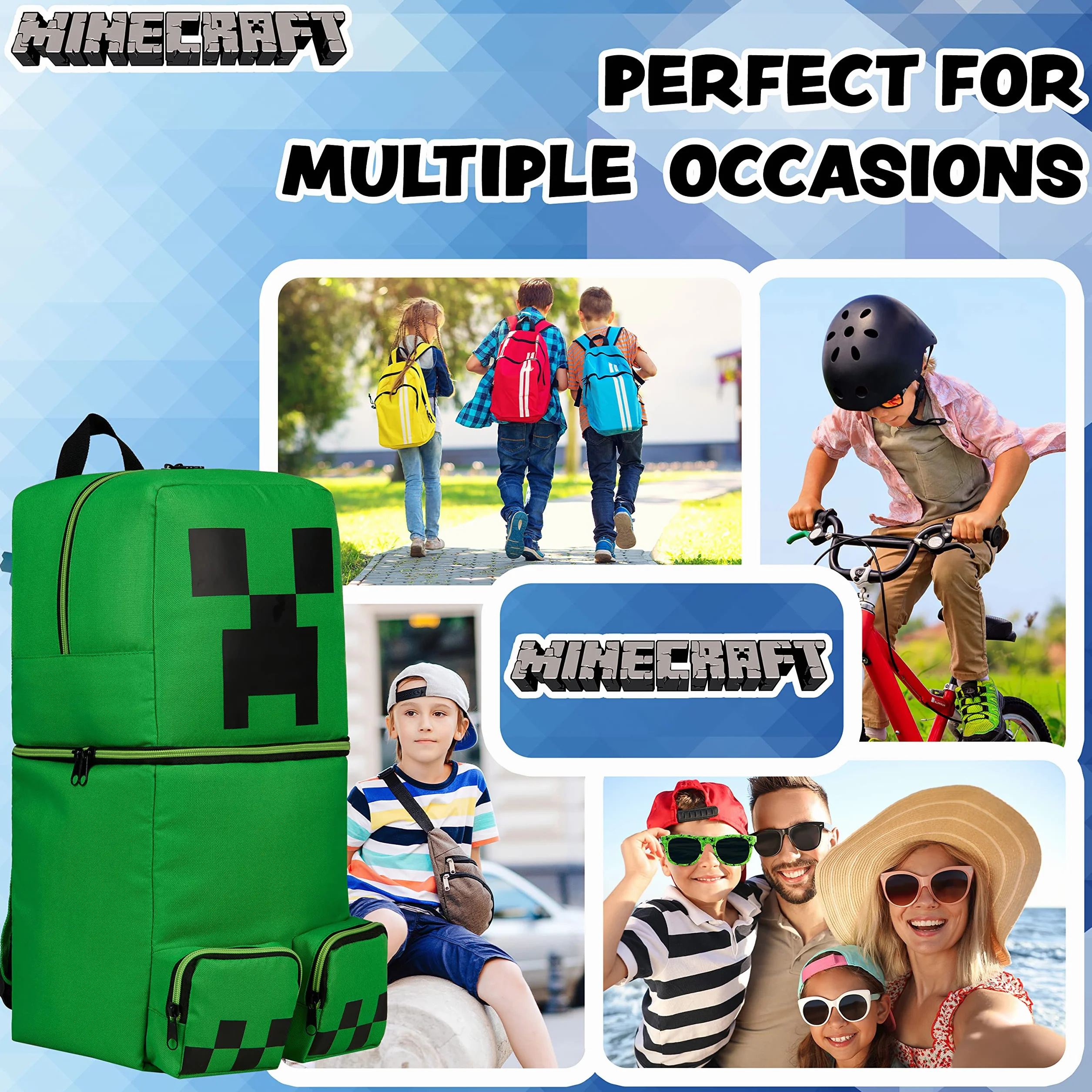 Minecraft Plecaki dziecięce dla chłopców Creeper zielony plecak 50 x 21 cm kieszenie zapinane na zamek błyskawiczny regulowane paski plecak dziecięcy podróżny sport gracz prezenty dla chłopców,
