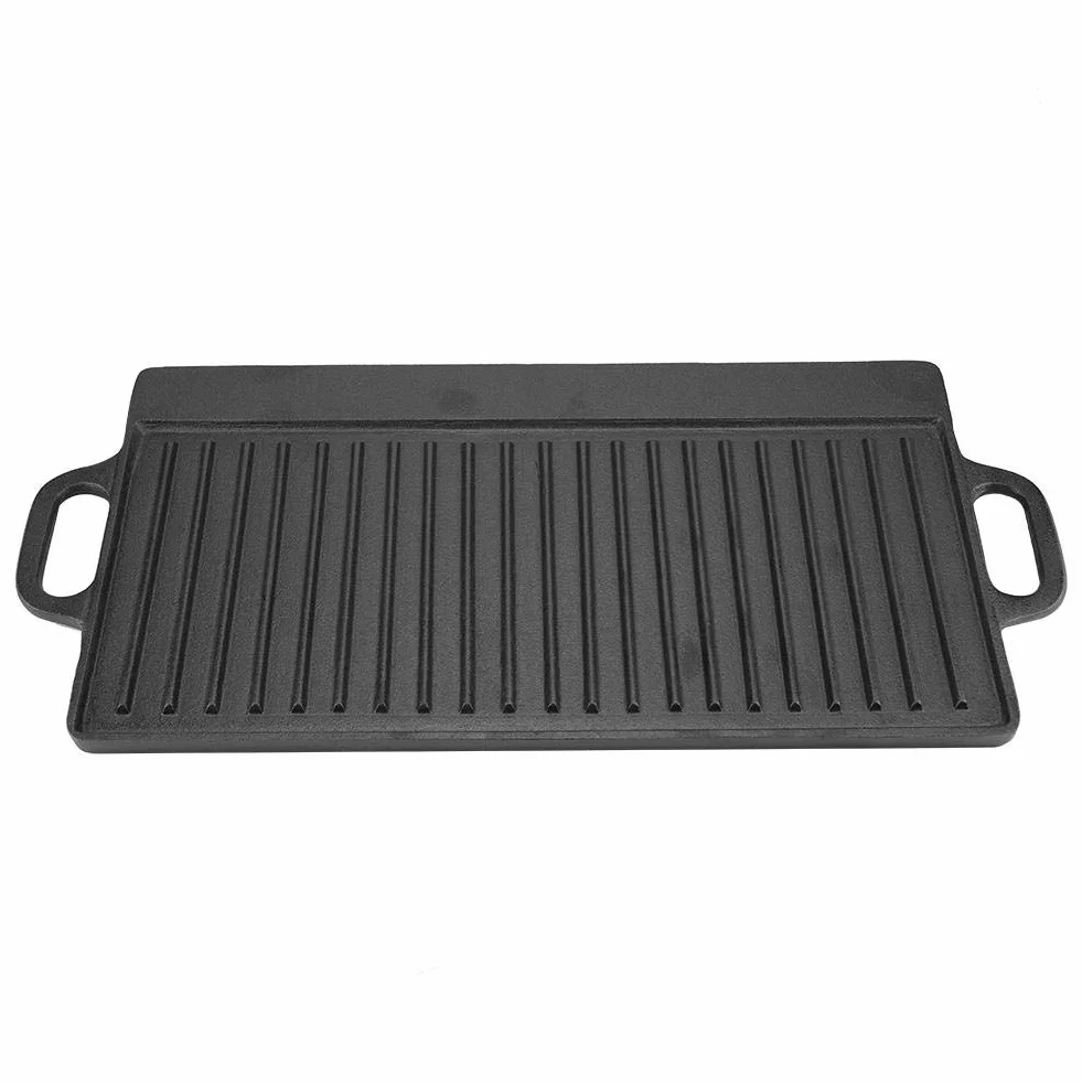 Żeliwna patelnia grillowa odwracalna płyta grillowa gładka żebrowana z uchwytami nieprzywierająca czarna