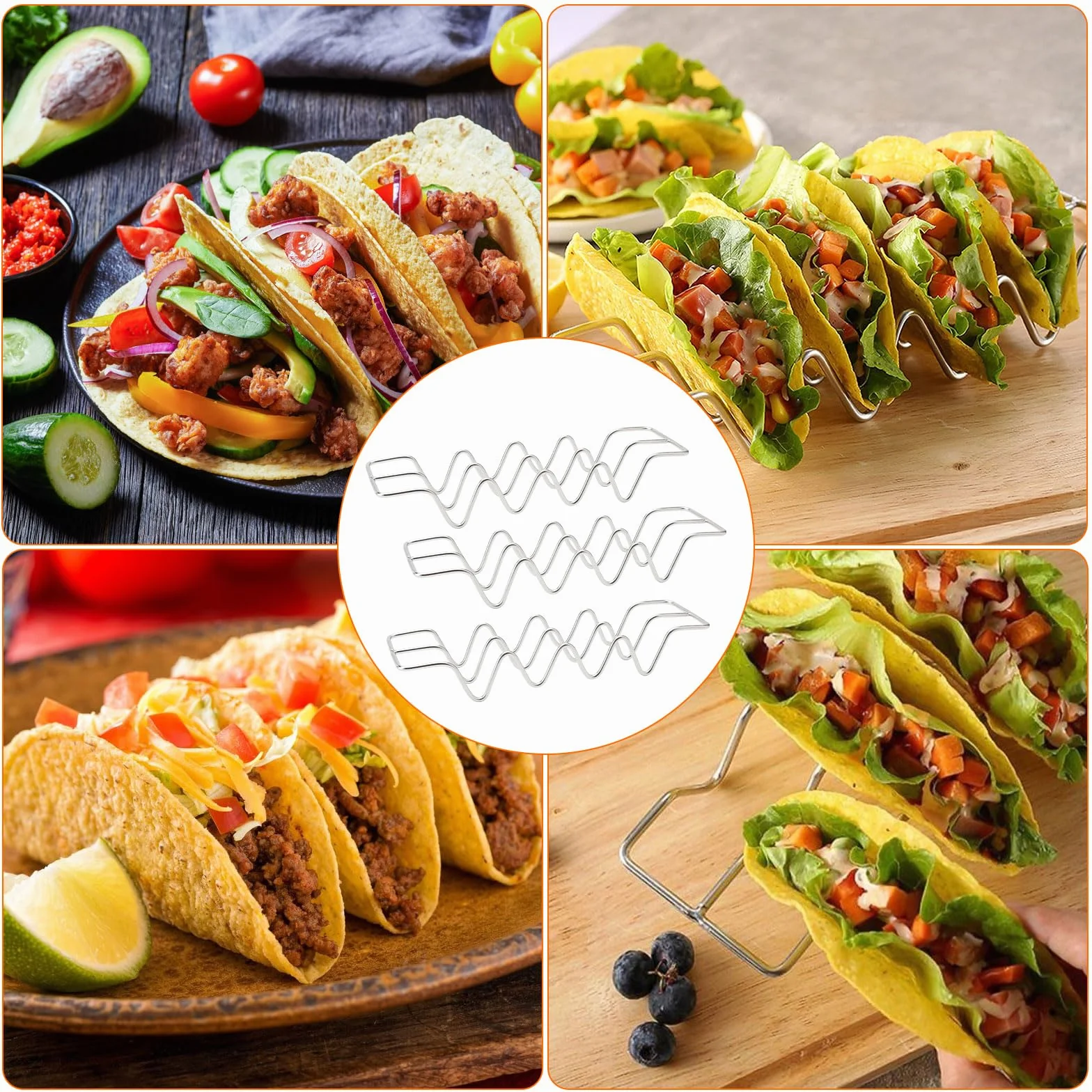 Uchwyt na taco ze stali nierdzewnej 3 sztuki z miseczkami na sos 70 ml