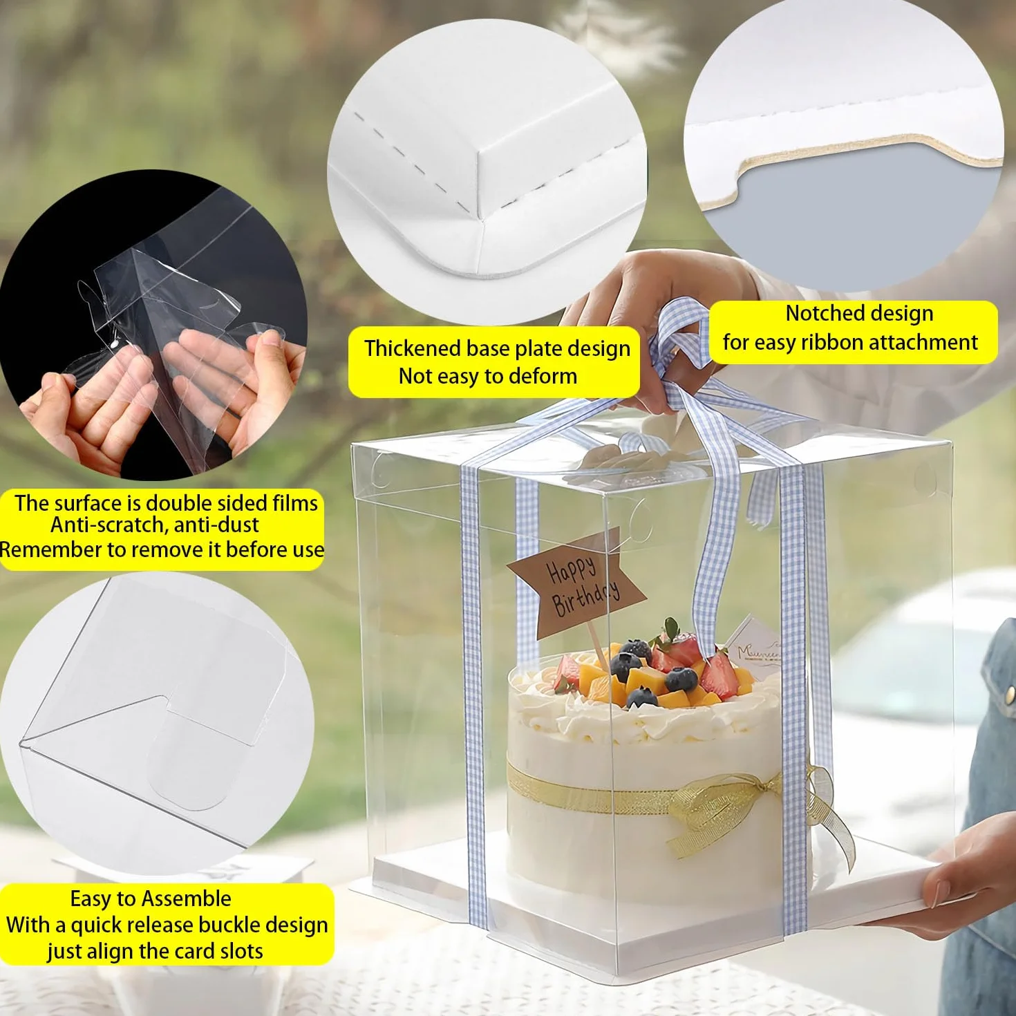 Pudełka na tort 30x30x25 cm przezroczyste z cokołem i wstążką