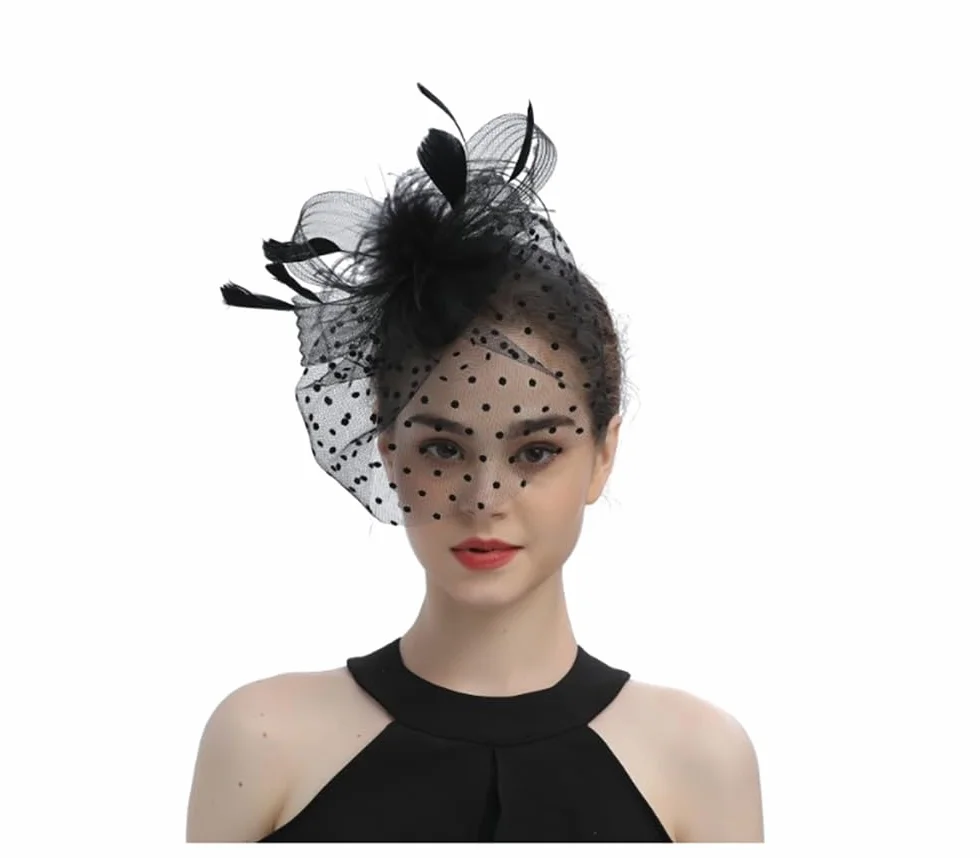 Fascinator Kapelusz, Vintage Sieć Siateczka Opaska na Czoło Kobiety Czarny Filiżanka Sinamay Opaska na Czoło Kościół Ozdoba do Włosów Ślub Welon Ptak Klatka Sieć Twarz na Herbatę Party