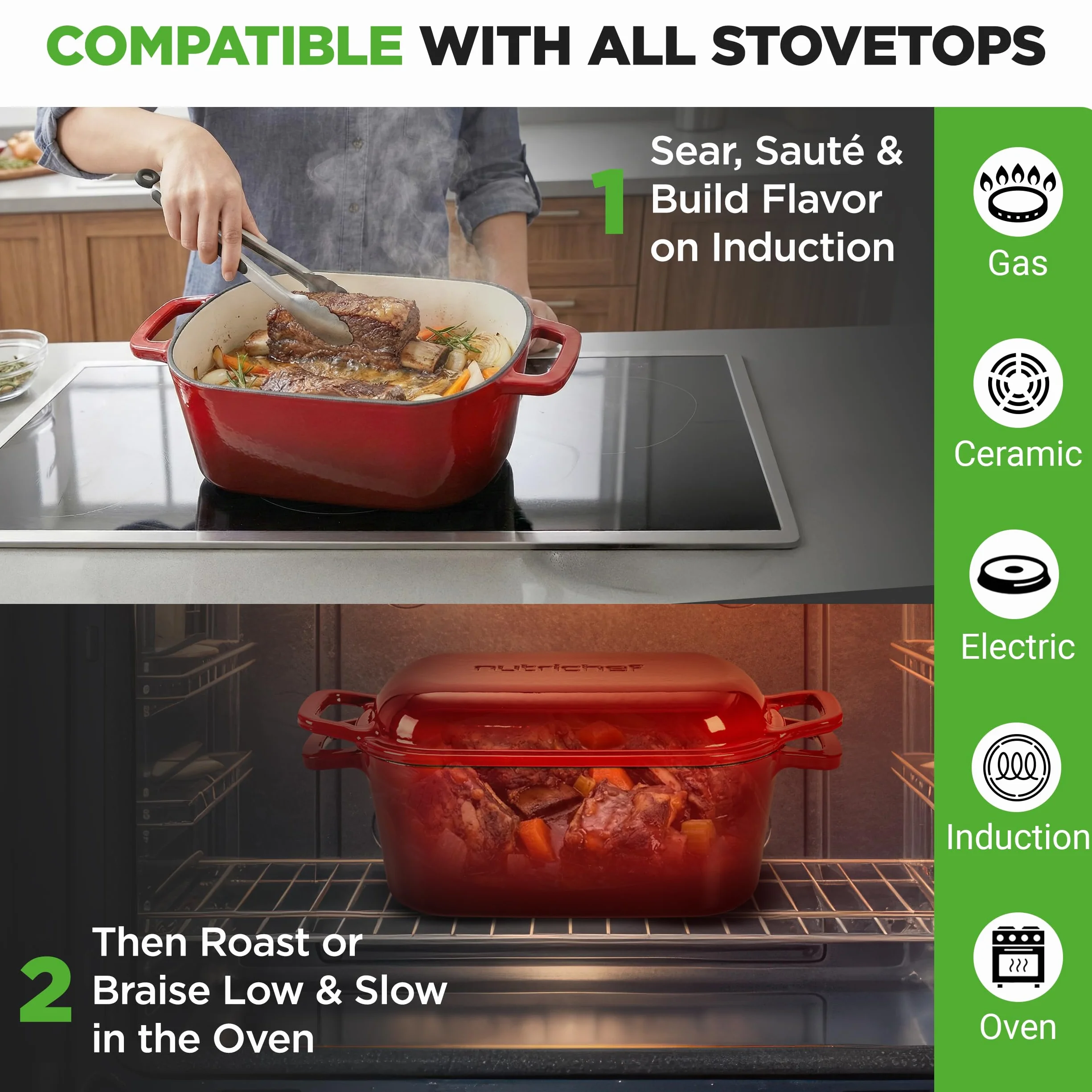 NutriChef 10" emaliowana żeliwna forma do chleba z pokrywką, owalna forma typu Dutch oven z silikonowymi rękawicami, odporna na temperaturę do 260°C, do pieczenia, pieczenia mięs, duszenia, czerwona