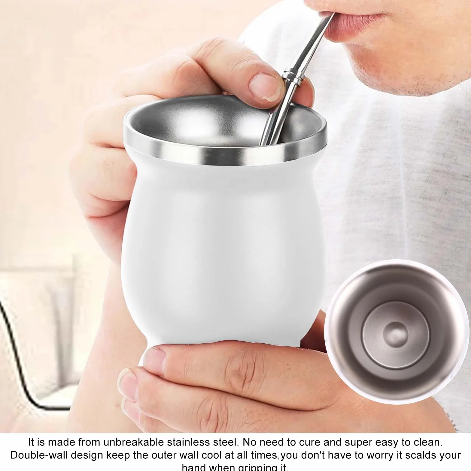 Zestaw kubków Yerba Mate ze stali nierdzewnej z łyżeczką i szczotką, biały