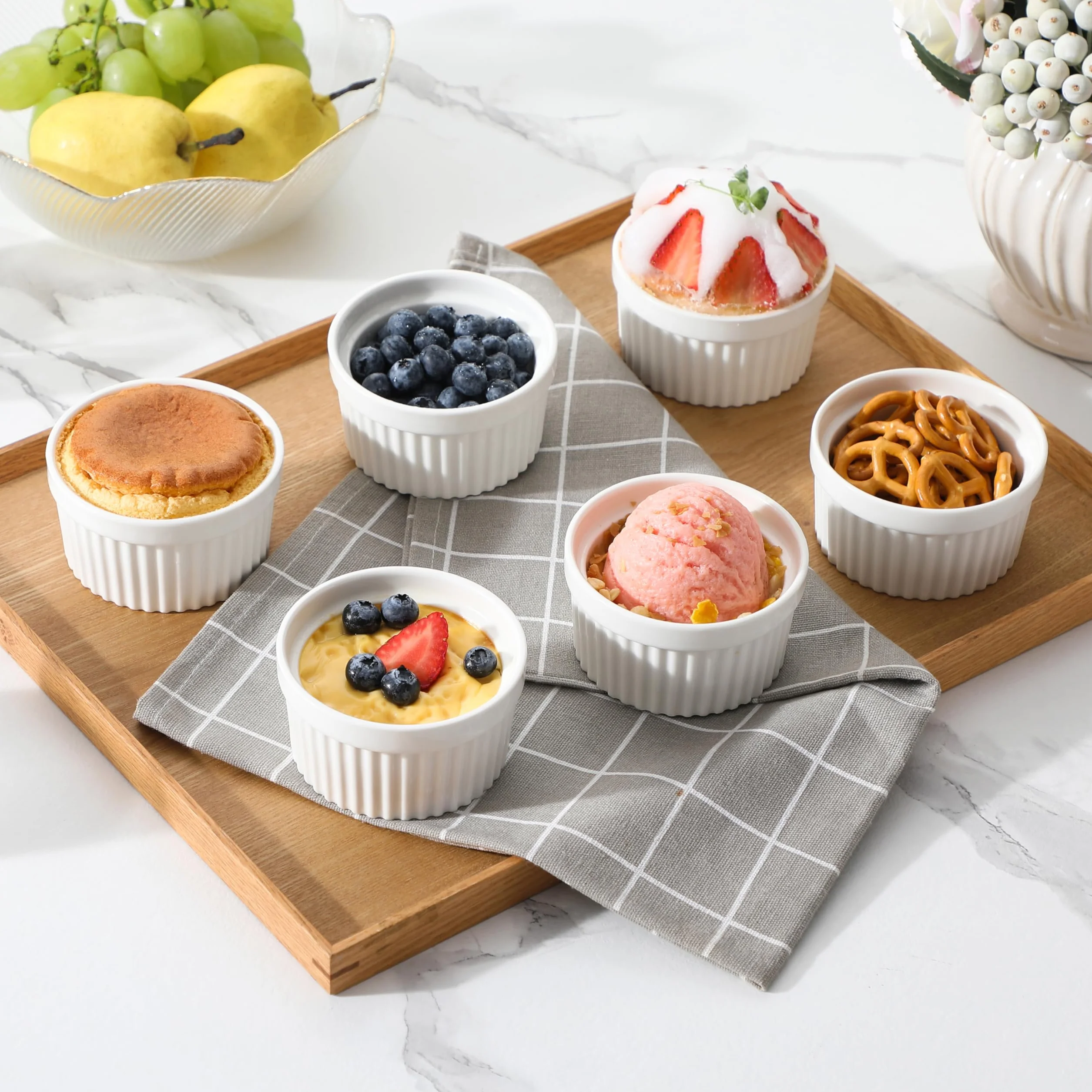 MALACASA Seria Ramekin zestaw 6 miseczek do sufletu 140 ml odporne na piekarnik 8,8 x 4,9 cm białe