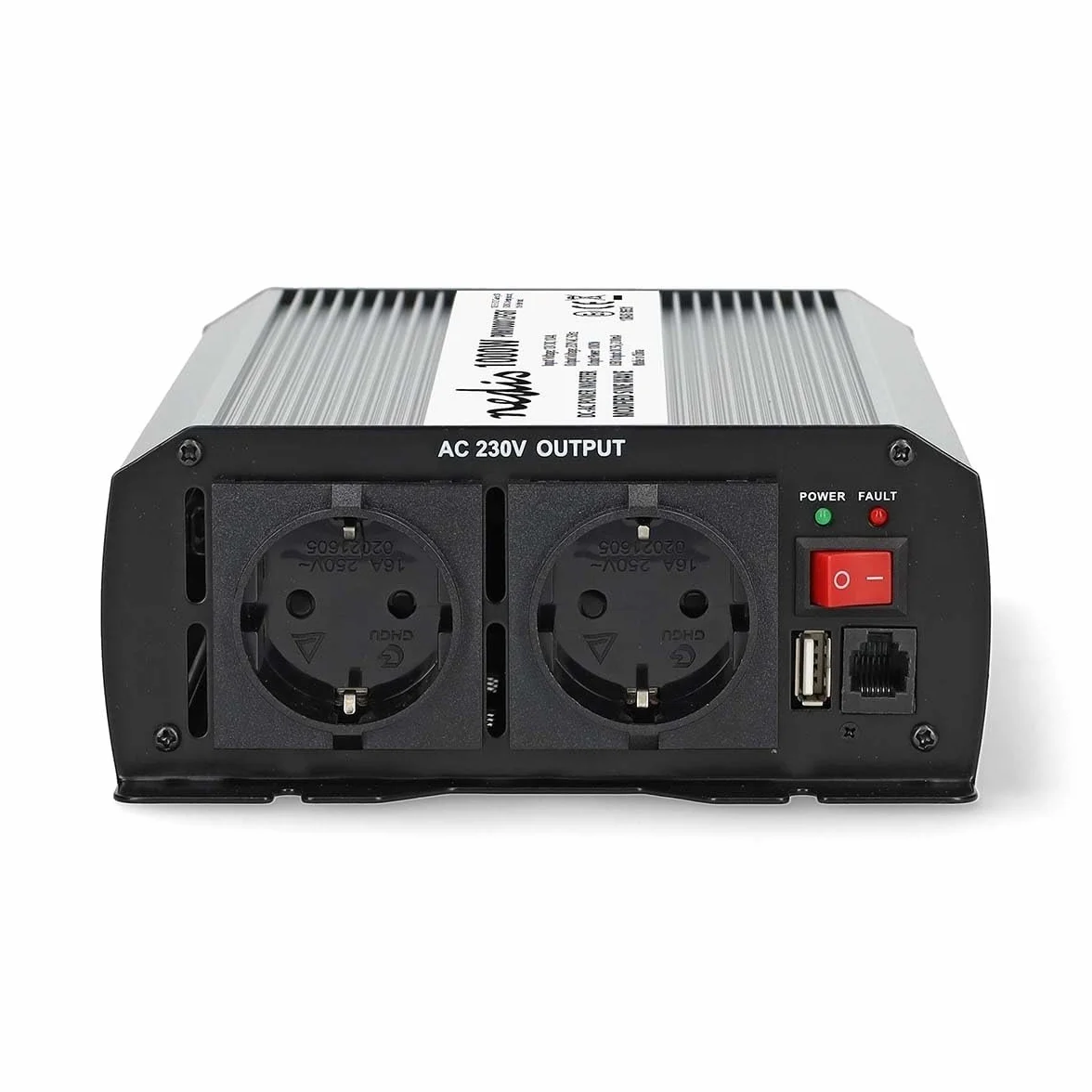 Power Inverter fala sinusoidalna - napięcie wejściowe: 12 V DC - przyłącze wyjściowe urządzenia: typ F (CEE 7/3) / USB-A - 230 V AC 50 Hz - 1000 W - Moc szczytowa: 2000 W - zacisk śrubowy - srebrny
