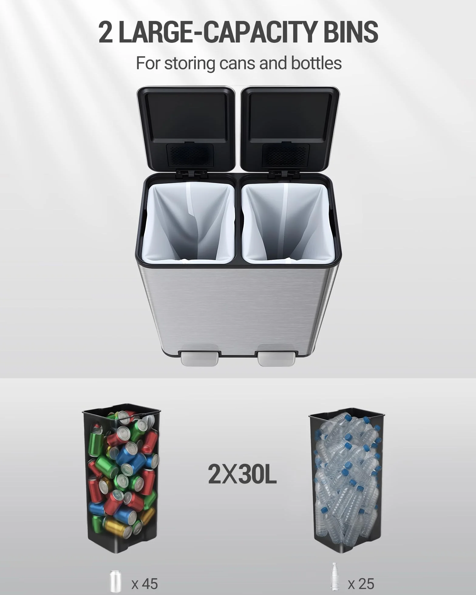 Hzuaneri Kosz na śmieci, system segregacji odpadów, 2 komory, 60 l (2 x 30 l), stal nierdzewna, kosz na śmieci z pedałem, cichy i wolno opadający, z 15 ekskluzywnymi workami na śmieci, srebrny