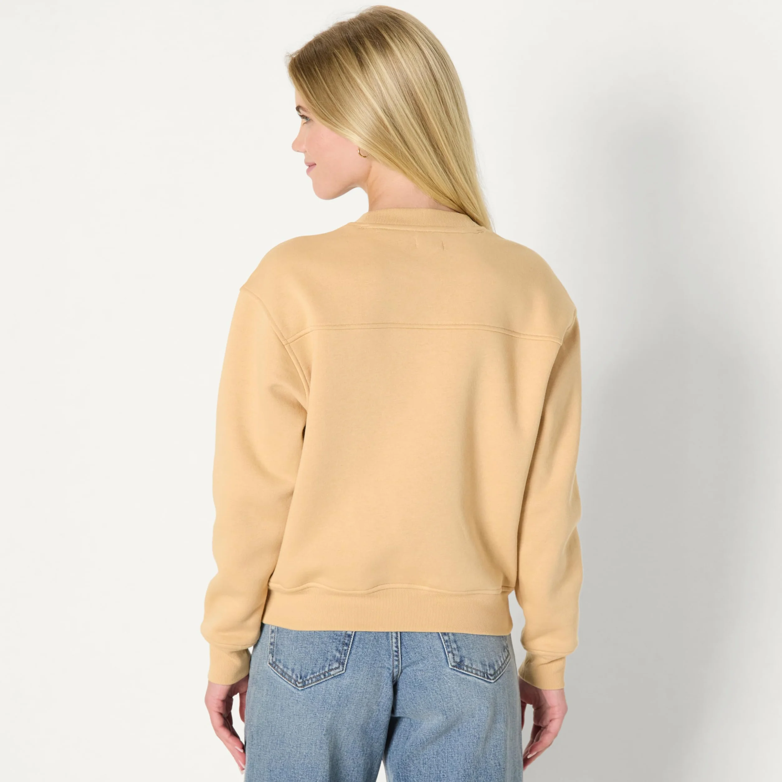 Amazon Essentials x Sofia Grainge Damska bluza z okrągłym dekoltem Boxy Drop Shoulder Crewneck, Light Camel Bear Heart, S