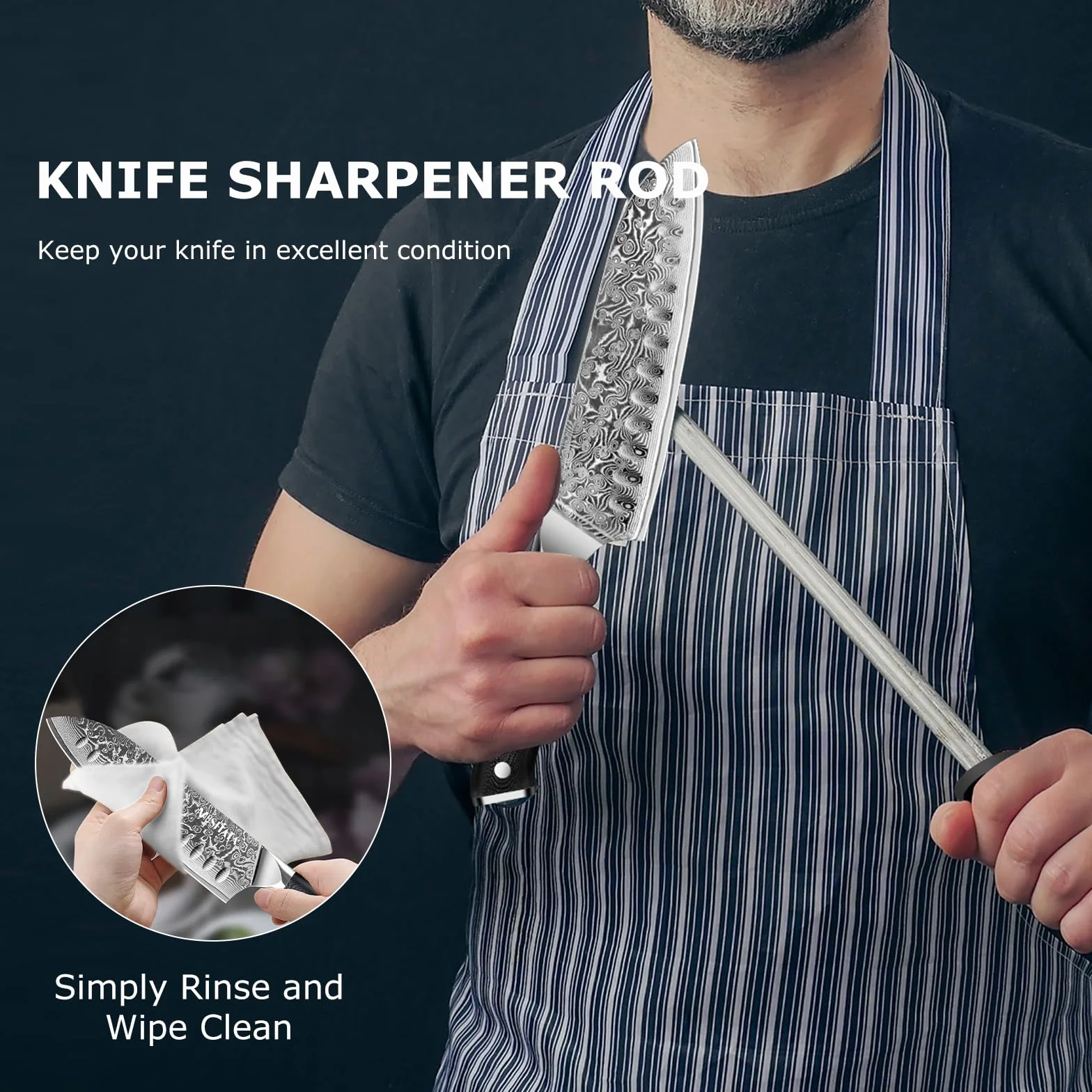 Nóż Santoku damasceński japoński szefa kuchni z ostrzałką, prezent