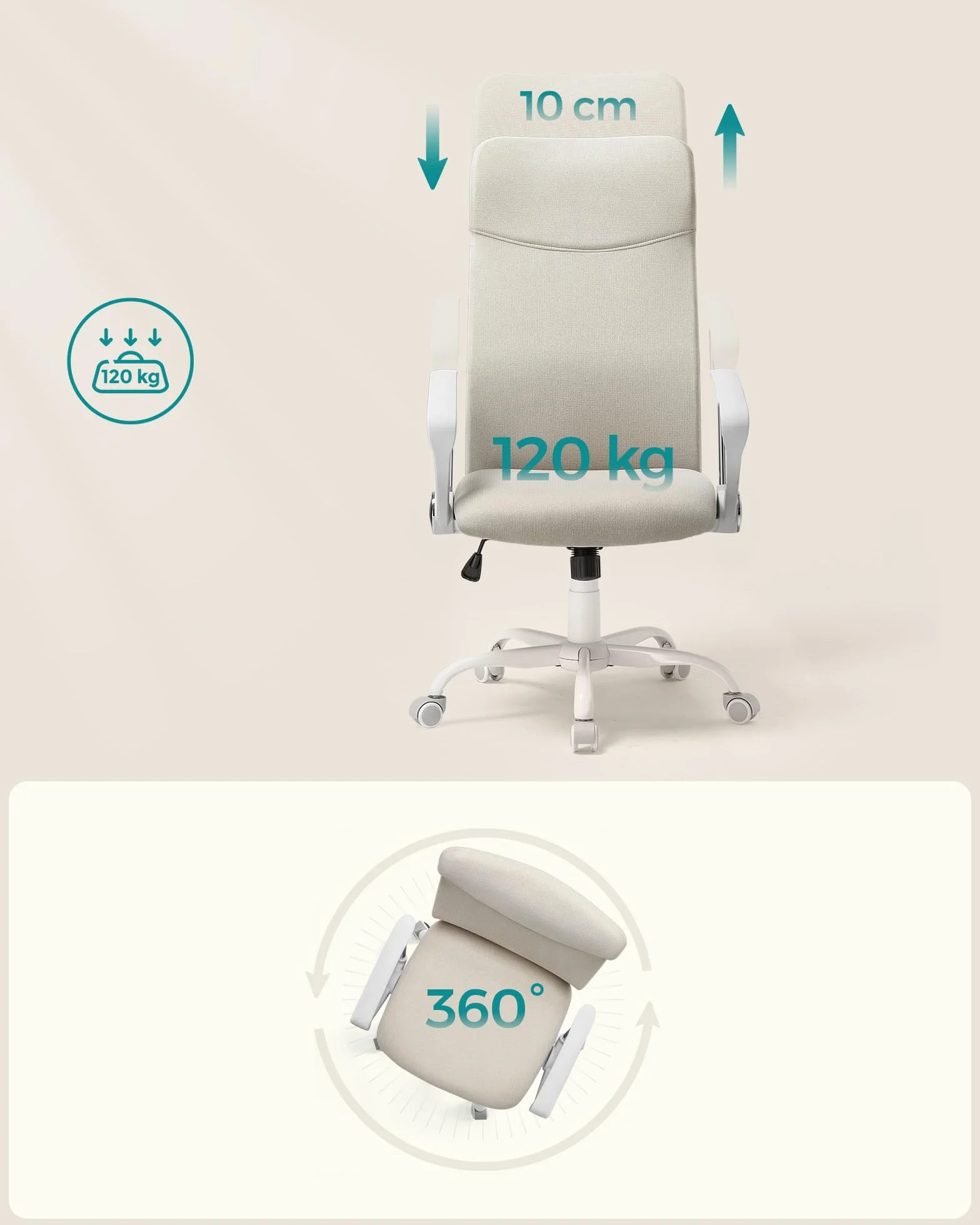 SONGMICS Fotel biurowy, ergonomiczne krzesło, obrotowe siedzisko, wyściełane siedzisko, regulacja wysokości i nachylenie, nośność 120 kg, beżowy Cappuccino OBN034K01