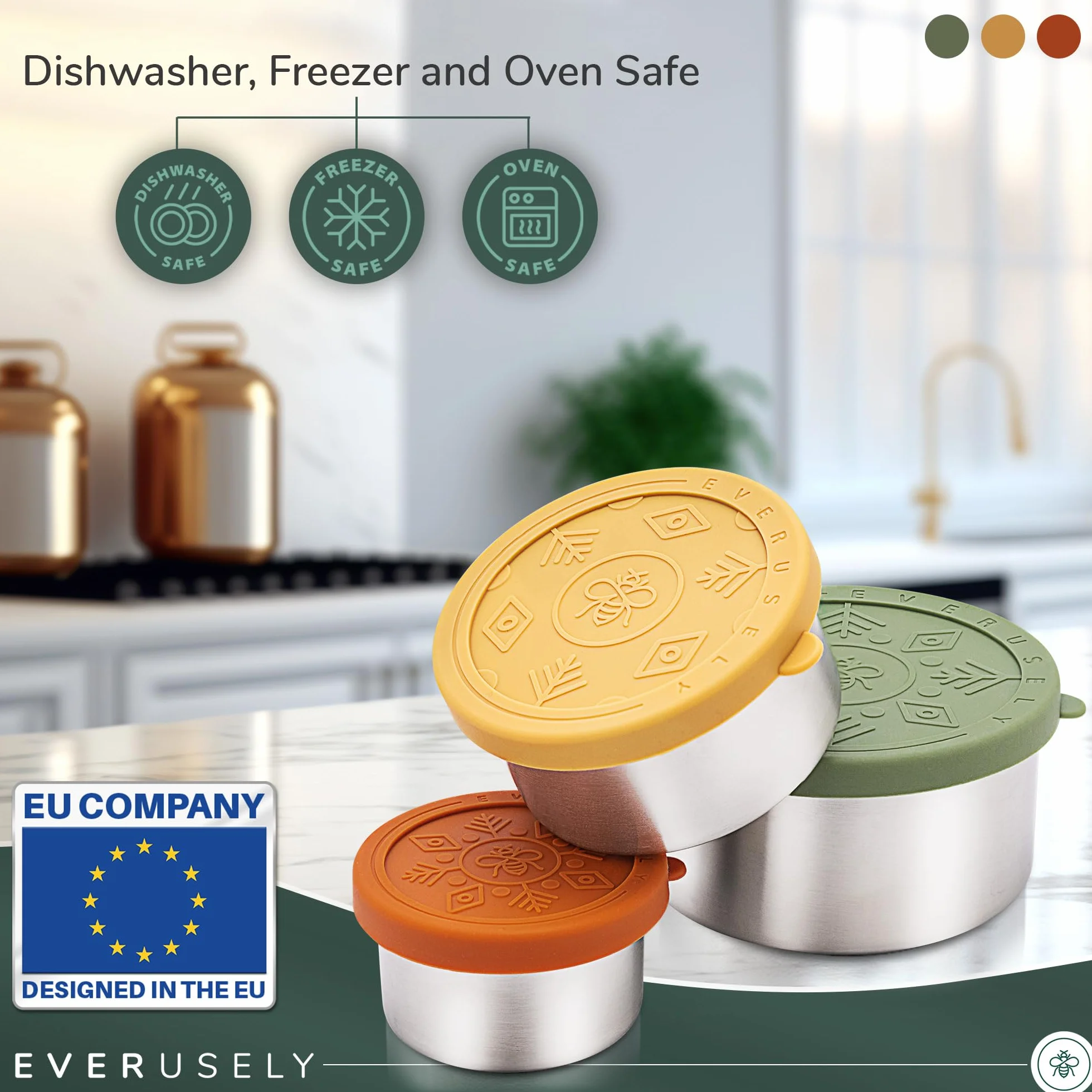 Everusely Stainless Steel Food Containers 3 Pack Leakproof Metal Lunch Box