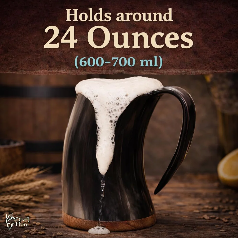 Prawdziwe Kubki Wikingów z Rogu DIVIT| Autentyczny Średniowieczny Kufel do Piwa z Rogu | Pojemność 700 ml Kubek/Kufel z Rogu.(Original, Polished)