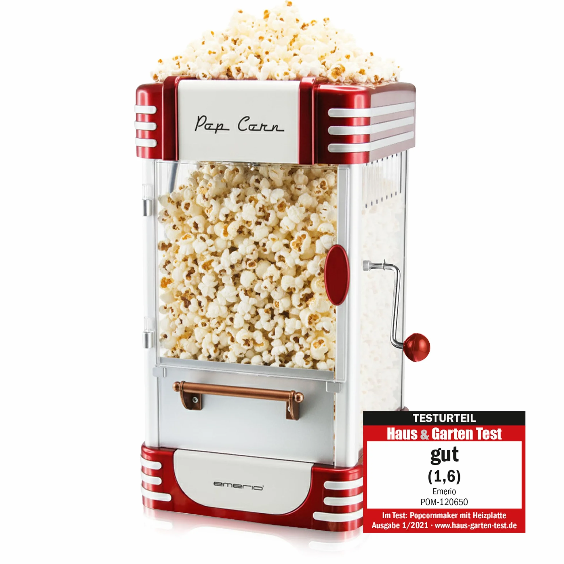 Emerio Maszyna do popcornu POM-120650, pojemnik z powłoką zapobiegającą przywieraniu, nadaje się również do słodkiego lub słonego popcornu, 360 W, duża