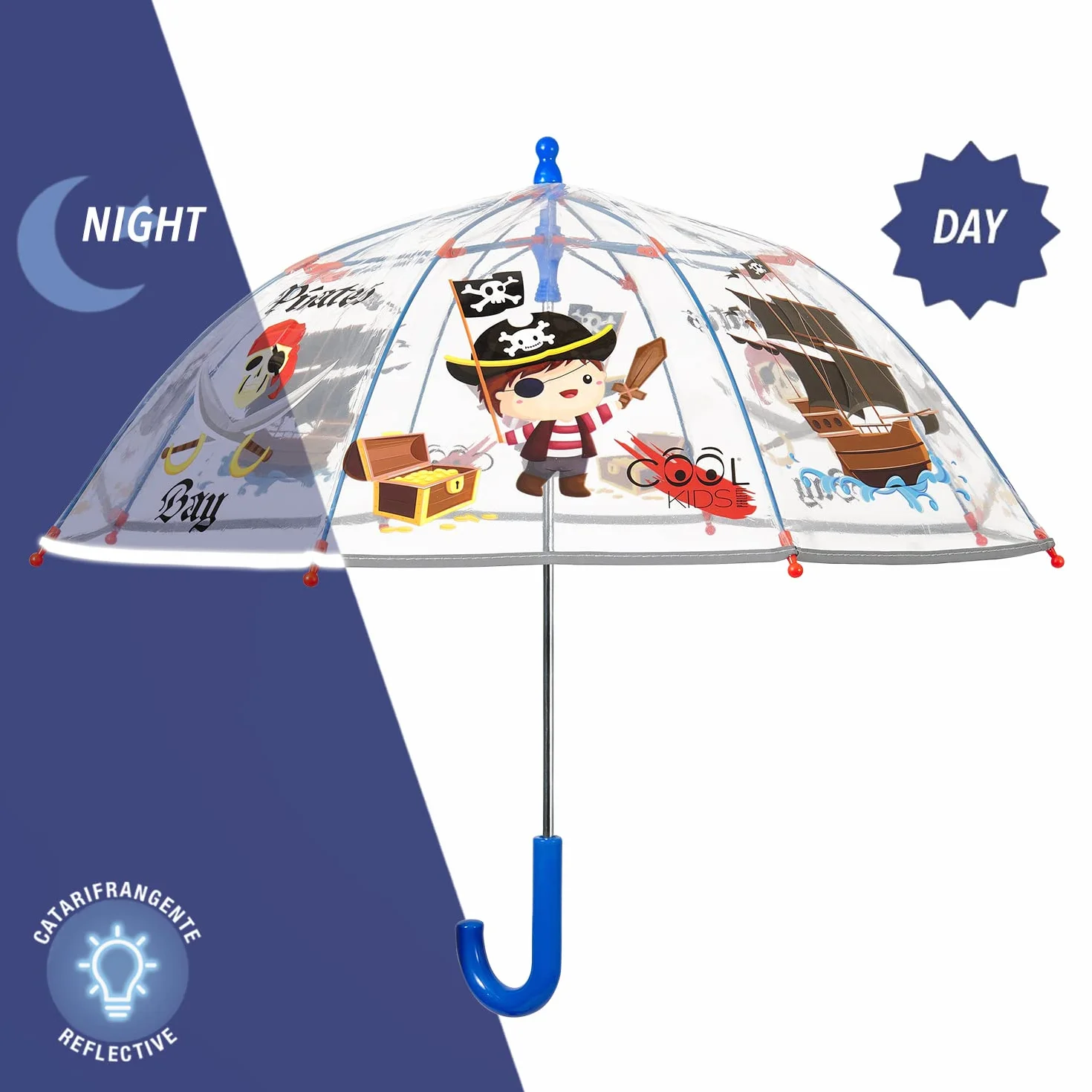 Parasol Przezroczysty Kopułowy Dzieci 3 4 5 Lat - Wiatroodporny z Odblaskowymi Detalami Chłopców i Dziewcząt - Długi Parasol Manualny System - Średnica 64 cm PERLETTI
