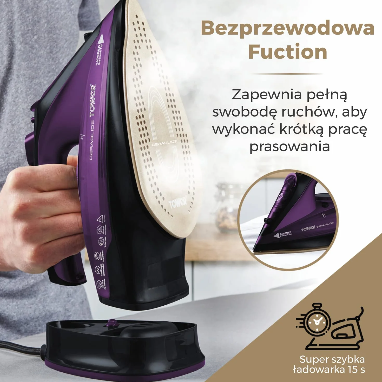 Tower CeraGlide Bezprzewodowy Steam Żelazo z Ceramika Talerz Fioletowy