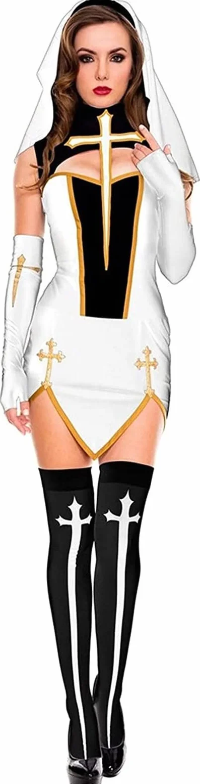 Seksowne Panie Zakonnica Dorosłych Kobiet Przebranie Kostium Dziewica Mary Kostiumy Kobiety Halloween Na Imprezę Cosplay Sukienka;