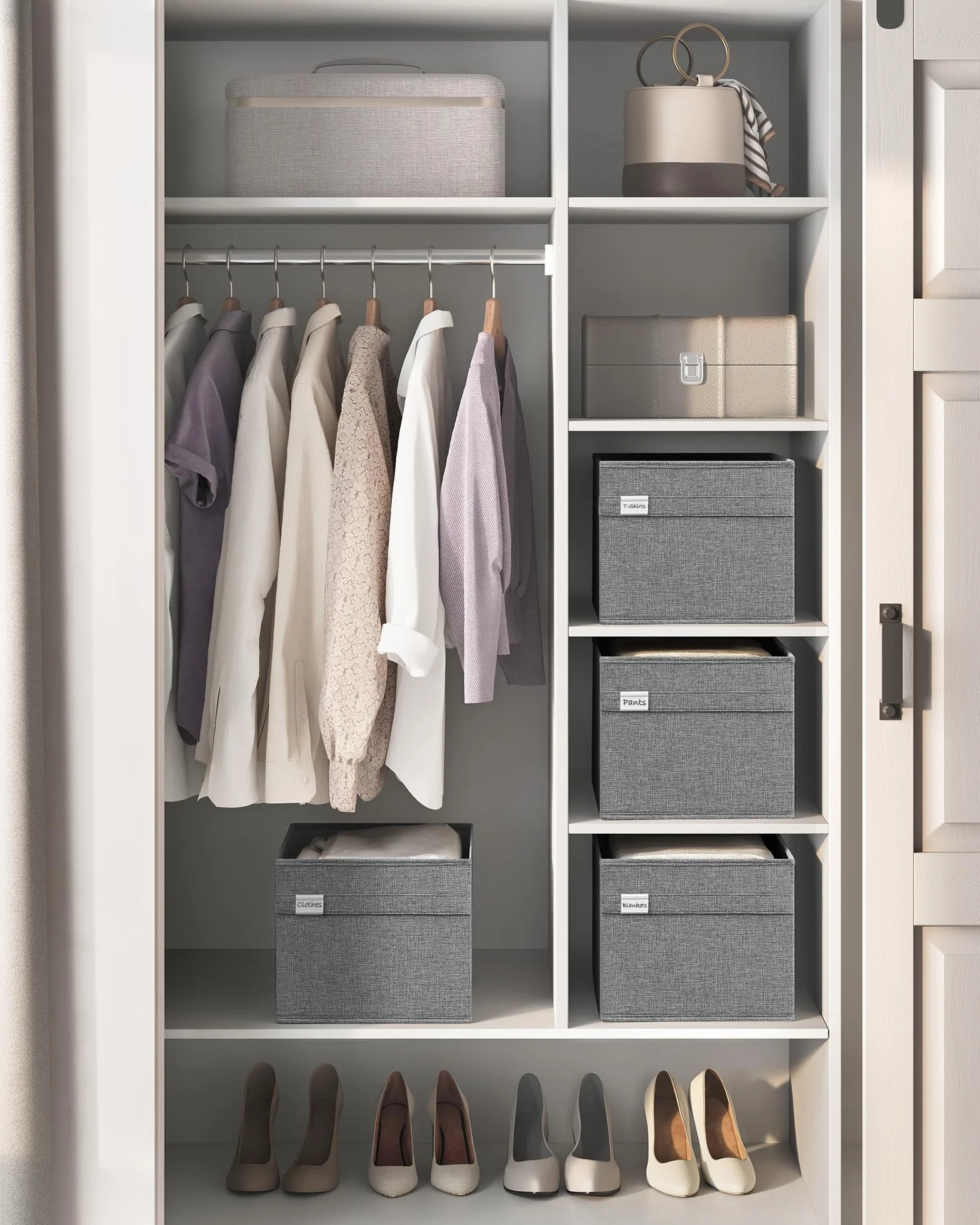 SONGMICES ROB240G04 Organizery do przechowywania, 40 x 30 x 25 cm, 2 uchwyty, składane, tkanina Oxford i tkanina o wyglądzie lnu, zmywalne, metalowe uchwyty na etykiety, szary Dove Grey