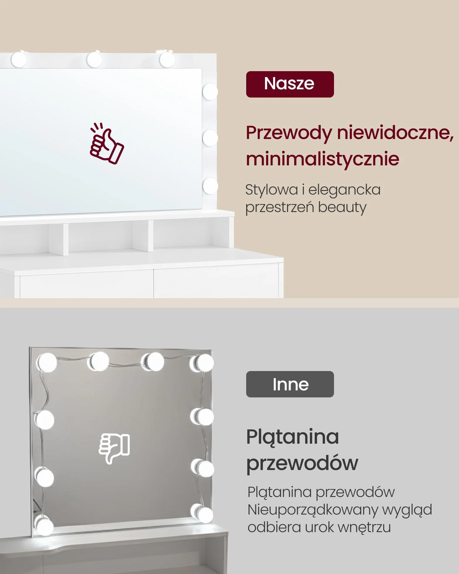 VASAGLE Kolekcja KAILYN Toaletka z oświetleniem LED regulowana jasność z lustrem 2 szuflady 3 przegródki biała chmurowa RDT120T10