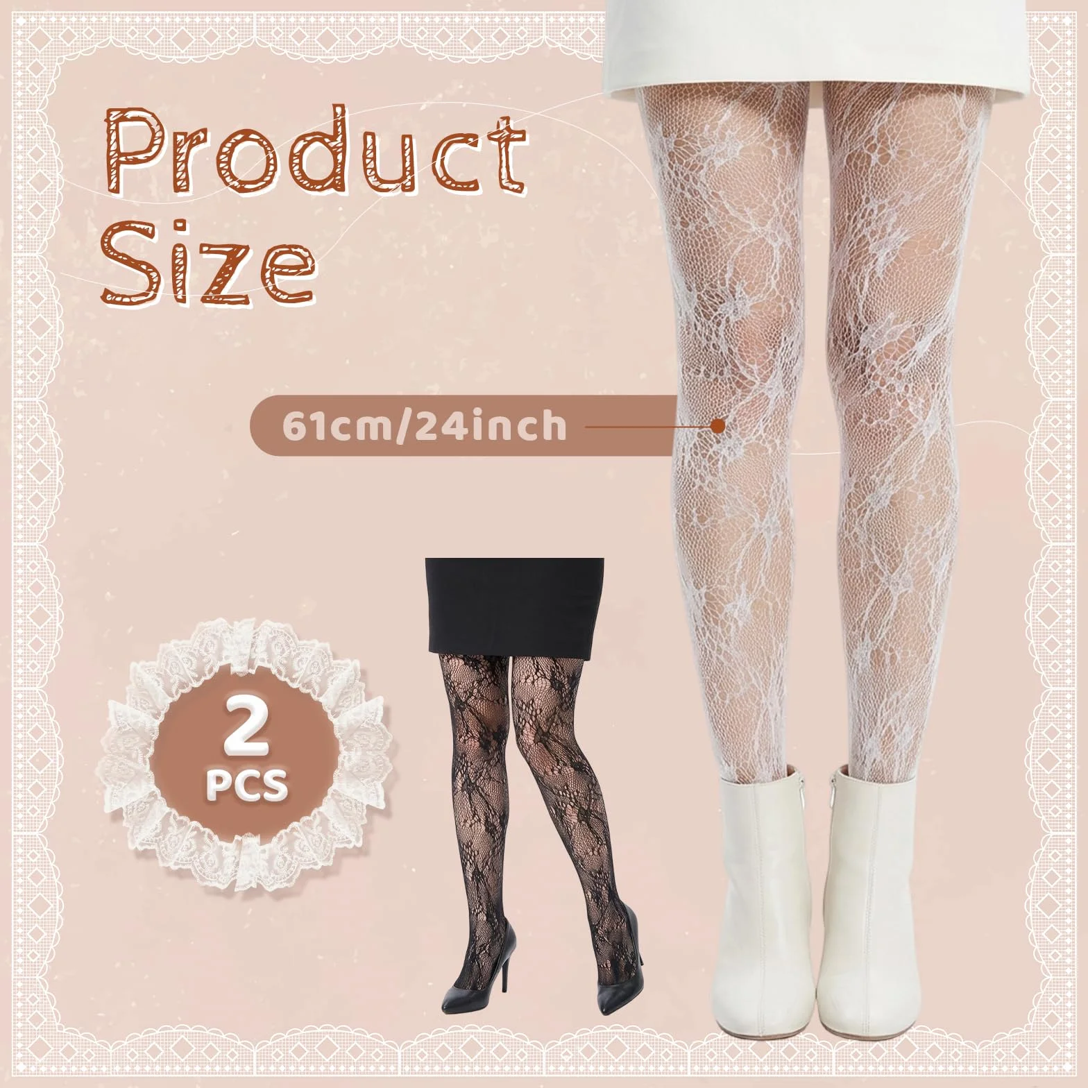 Cobee 2 pary rajstop białych, damskie rajstopy wzorzyste koronkowe kwiatowe ażurowe kabaretki Tights białe ażurowe eleganckie koronkowe rajstopy