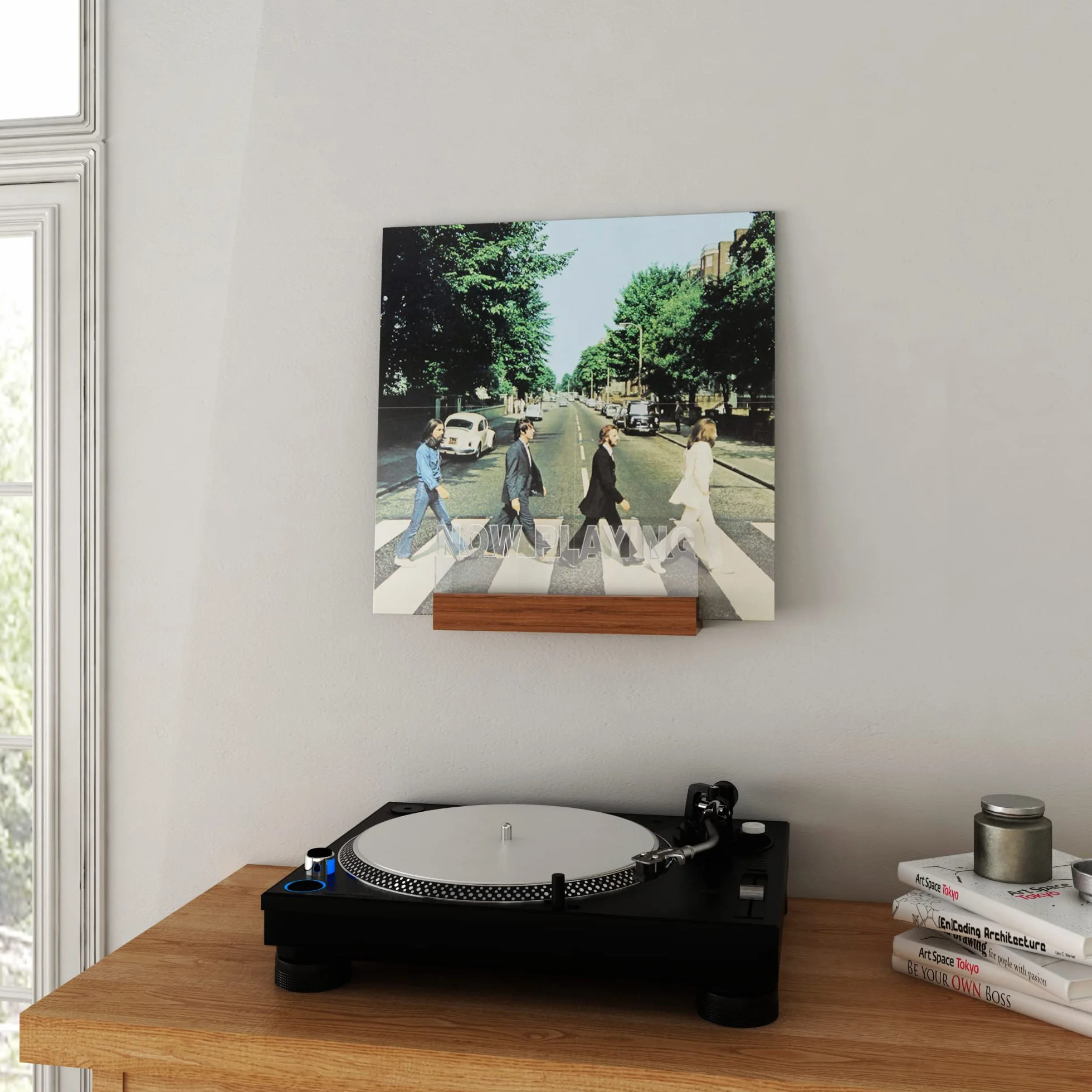 Vinyl Record Stojak ścienny drewniany akrylowy uchwyt do przechowywania z ciepłym białym światłem