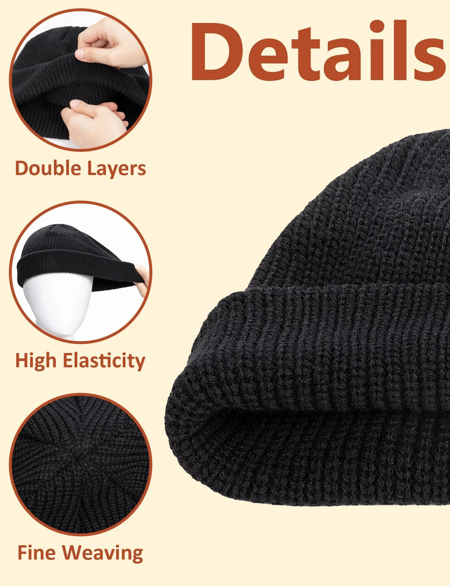 Kiiwah Dzianinowa czapka beanie unisex, składana czapka rybacka mini trawler beanie ciepła oddychająca styl na co dzień dla mężczyzn i kobiet (czarna), Czarny, Rozmiar uniwersalny