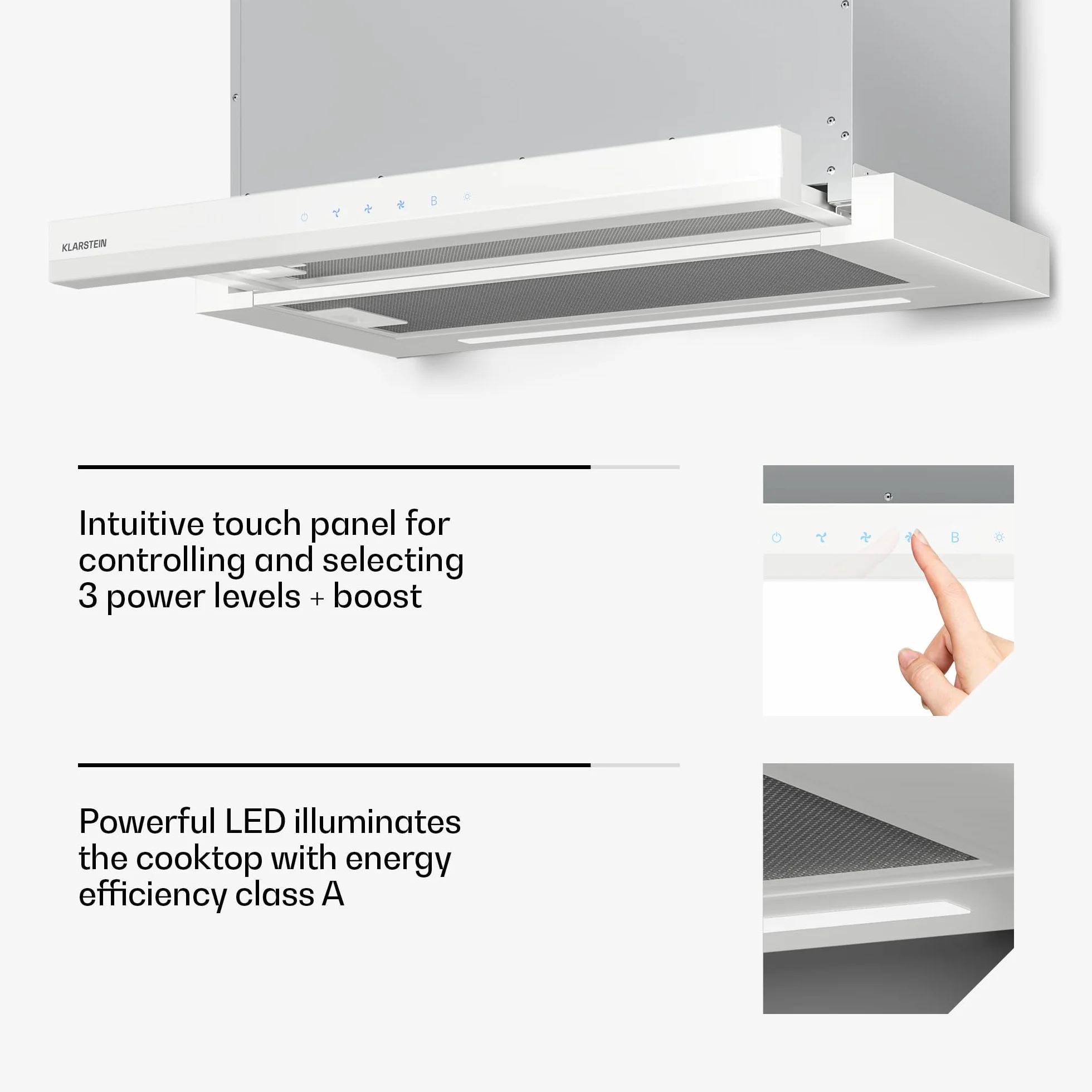 Klarstein Okap Kuchenny Velaire 60 cm 896 m³/h Boost Sterowanie Dotykowe Klasa A++ LED Biały