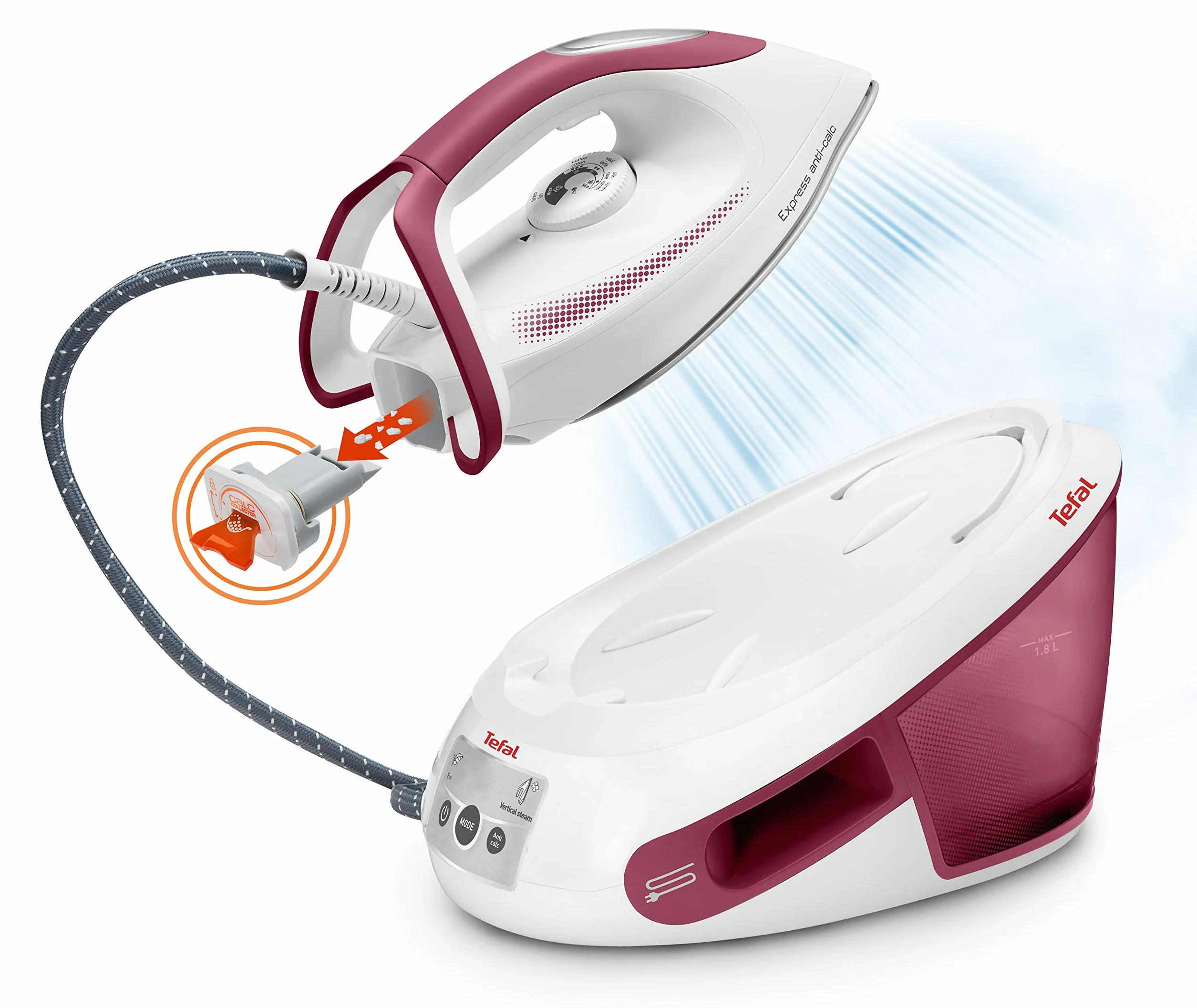 Tefal SV8012 Express Anti-Calc stacja parowa | 2800 W | Stała ilość pary: 120 g/min | Silne uderzenie pary: 400 g/min | Pojemność zbiornika na wodę: 1,8 litra | Kolektor zapobiegający osadzaniu się