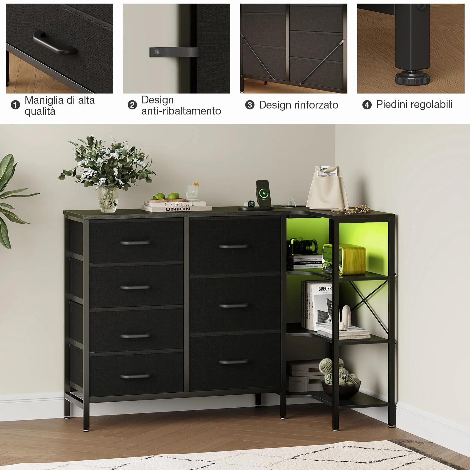 Coleshome Komoda narożna z 7 szufladami, 2 gniazda USB, 2 gniazda AC, LED, czarna