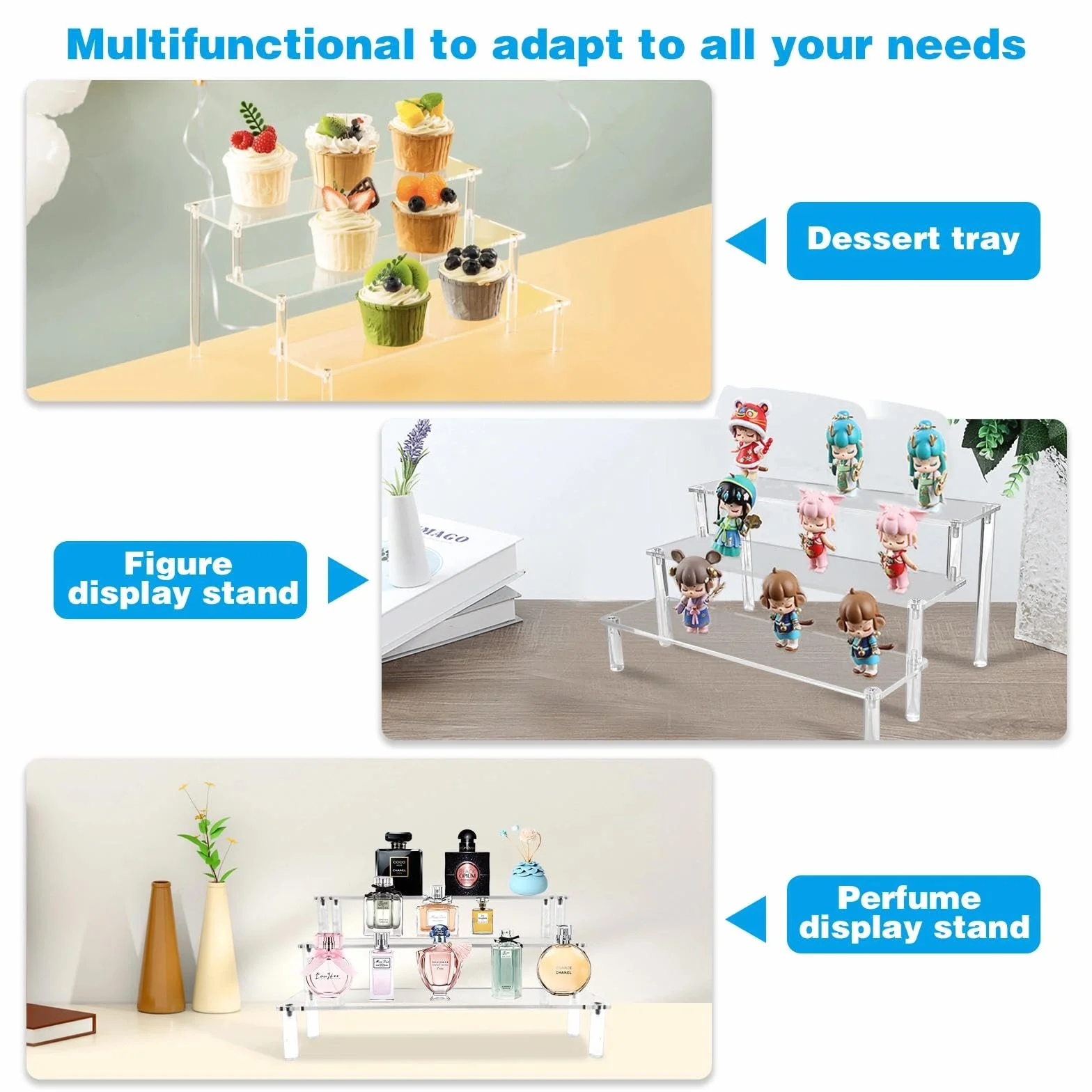 3‑poziomowa półka ekspozycyjna z akrylu – 30x21x15 cm przezroczysty organizer na perfumy z akrylu o grubości 4 mm, do figurek, biżuterii, babeczek, pomadek i lakierów do paznokci