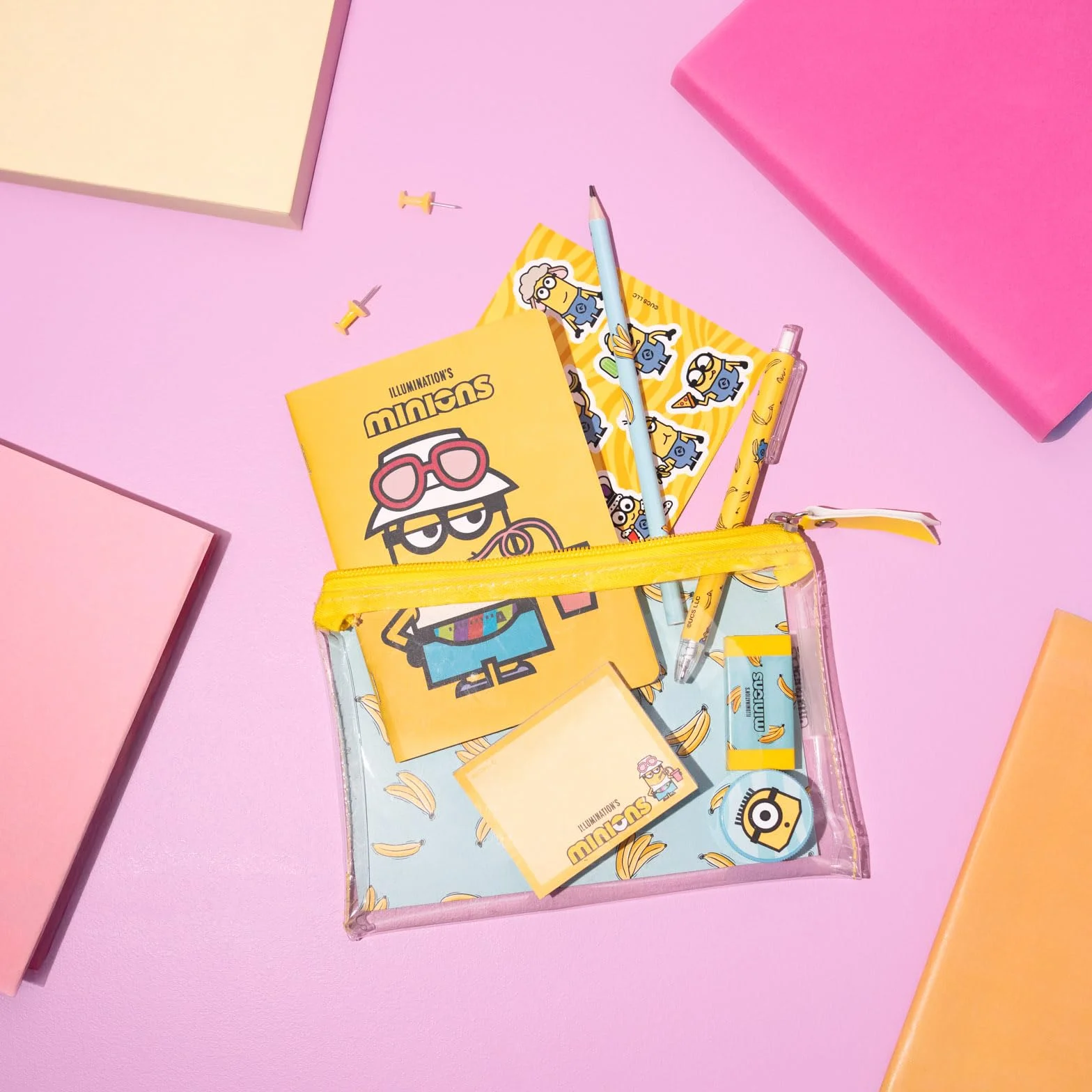 Grupo Erik Stationery Set - Minions Gifts | Pencil Case with A6 Notebook, Sticky Notes, Stickers, Pen, Pencil, Eraser, Sharpener | Minion Gifts, Cute Stationery