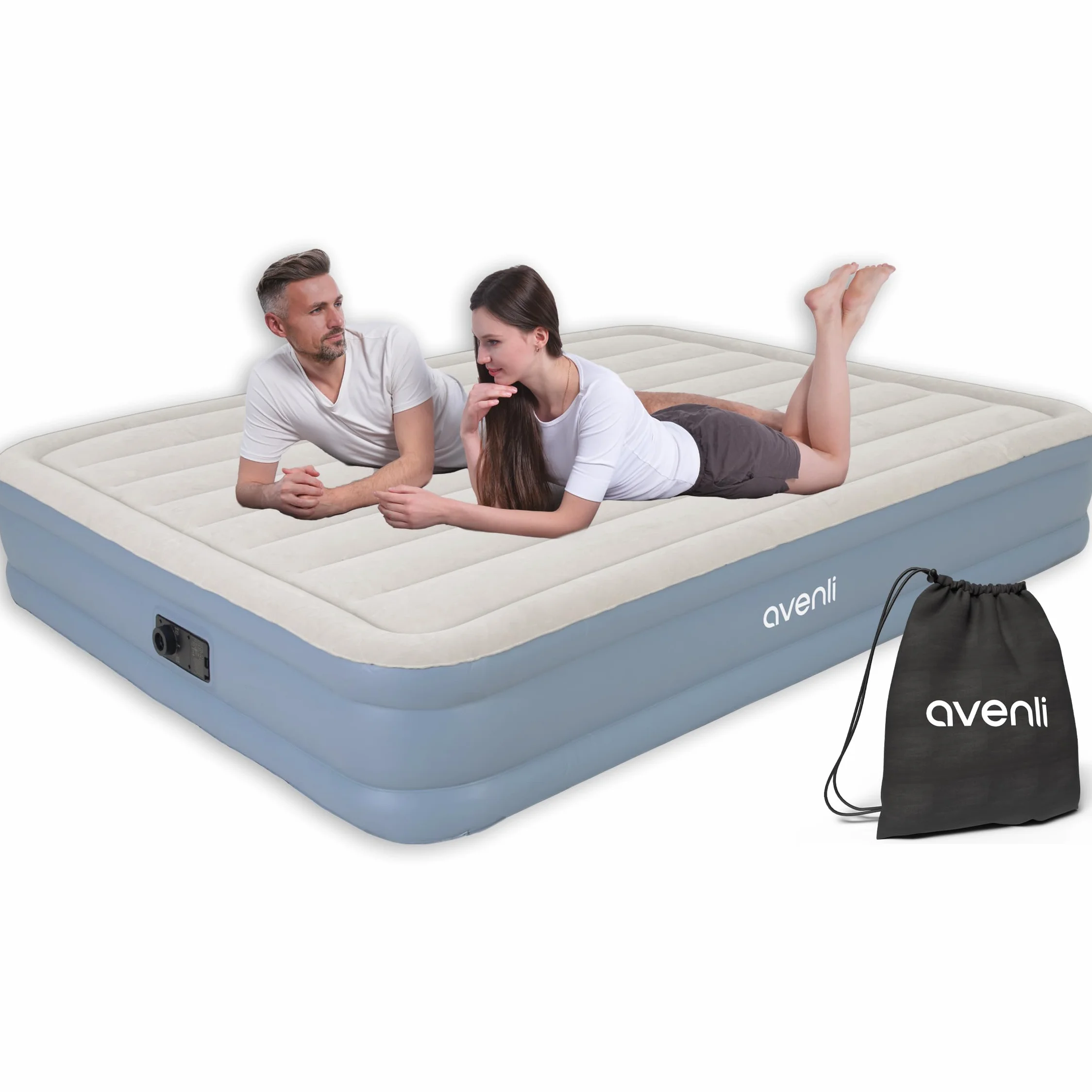 AVENLI Samonadmuchujący się materac dmuchany 203 x 152 x 33 cm z wbudowaną automatyczną pompką