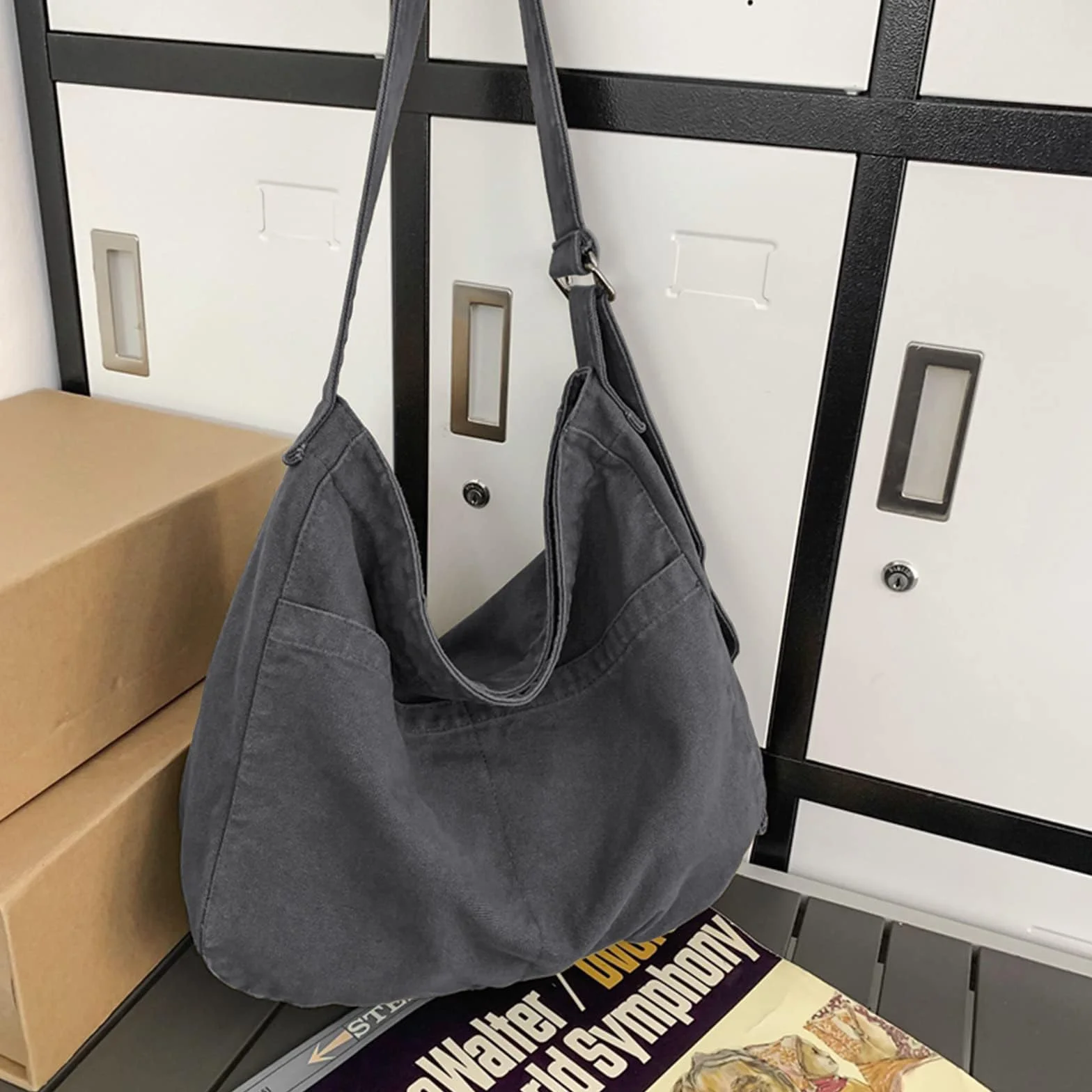 X SIM FITNESSX Unisex torba na ramię Canvas Oxford torba na ramię damska torba na zakupy modna torba materiałowa na co dzień/do biura/szkoły/podróży, szary, 38x20x37 cm, Retro