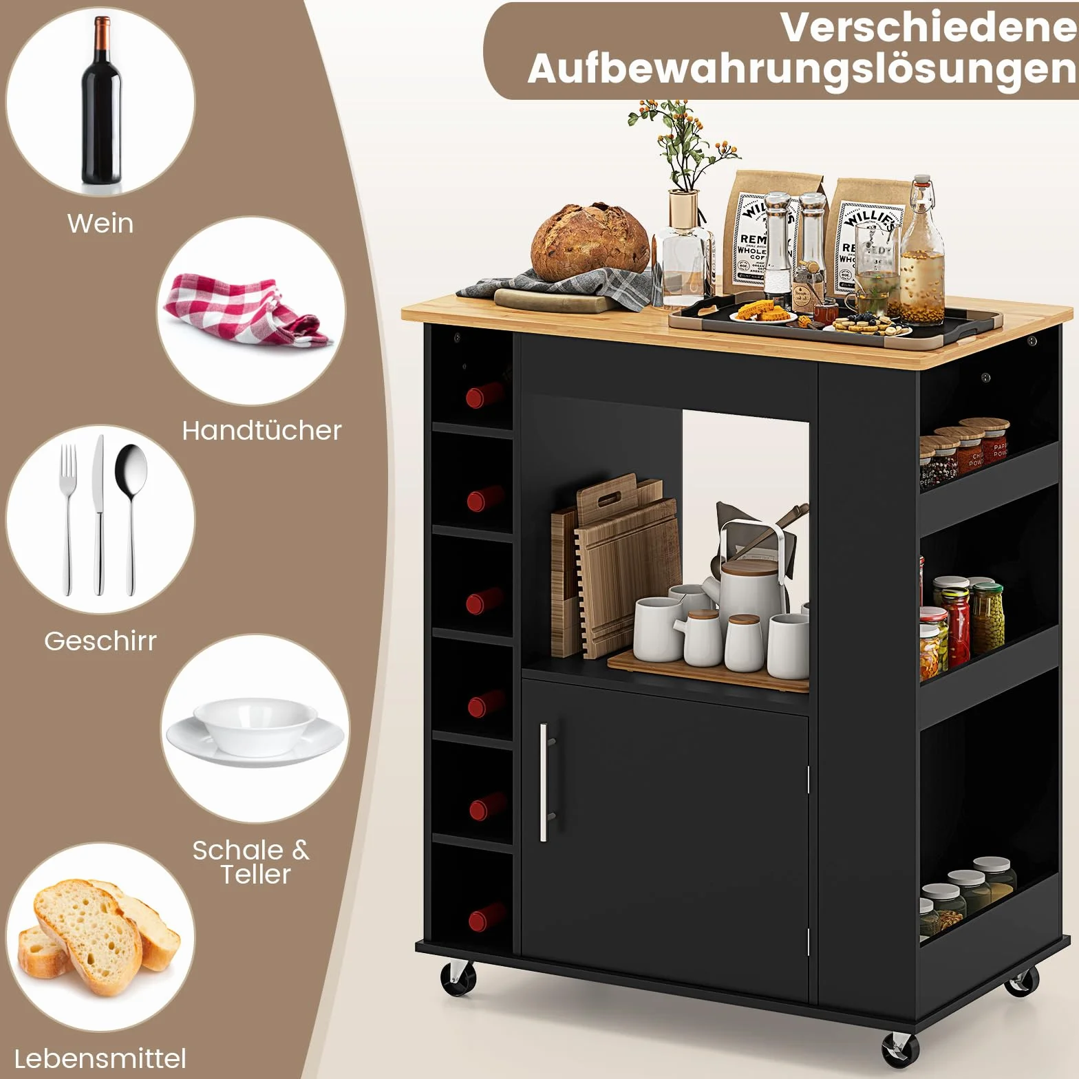 COSTWAY Wózek kuchenny na kółkach, wózek do serwowania z blatem roboczym, uchwytem na ręczniki i półkami na przyprawy, stojak na wino na 6 butelek, do baru kuchennego i jadalnianego (czarny)