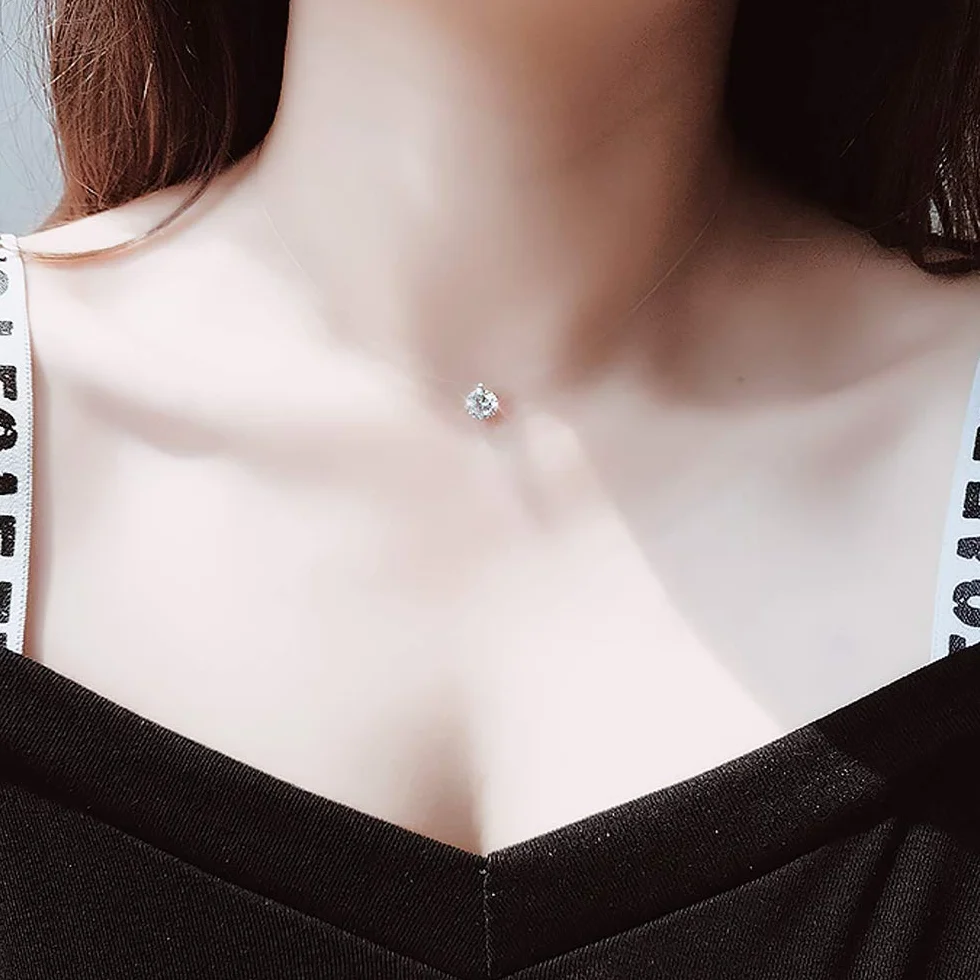 naszyjnik damski z „unoszącym się” kamieniem ze srebra wysokiej próby 925, 8 mm, cyrkonia, przezroczysty, nylonowy łańcuszek, choker, srebro wysokiej próby, cyrkonia,