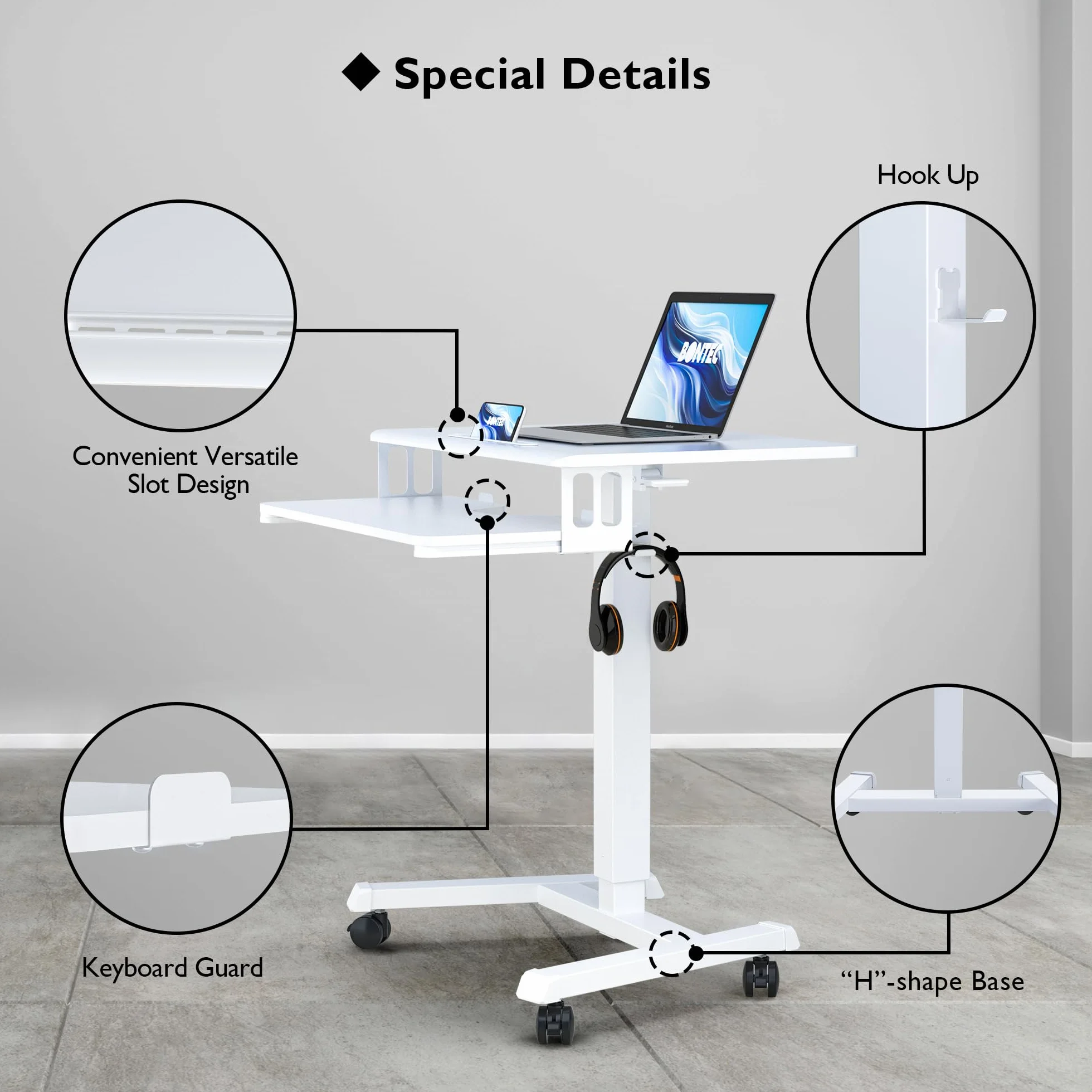 BONTEC Mobilne Biurko Stojące z Regulacją Wysokości 72-112 cm, 4 Kółka, Stacja Robocza na Laptopa z Półką na Klawiaturę, Ergonomiczne Biurko do Siedzenia i Stania, Do 15 kg, Do Biura i Domu