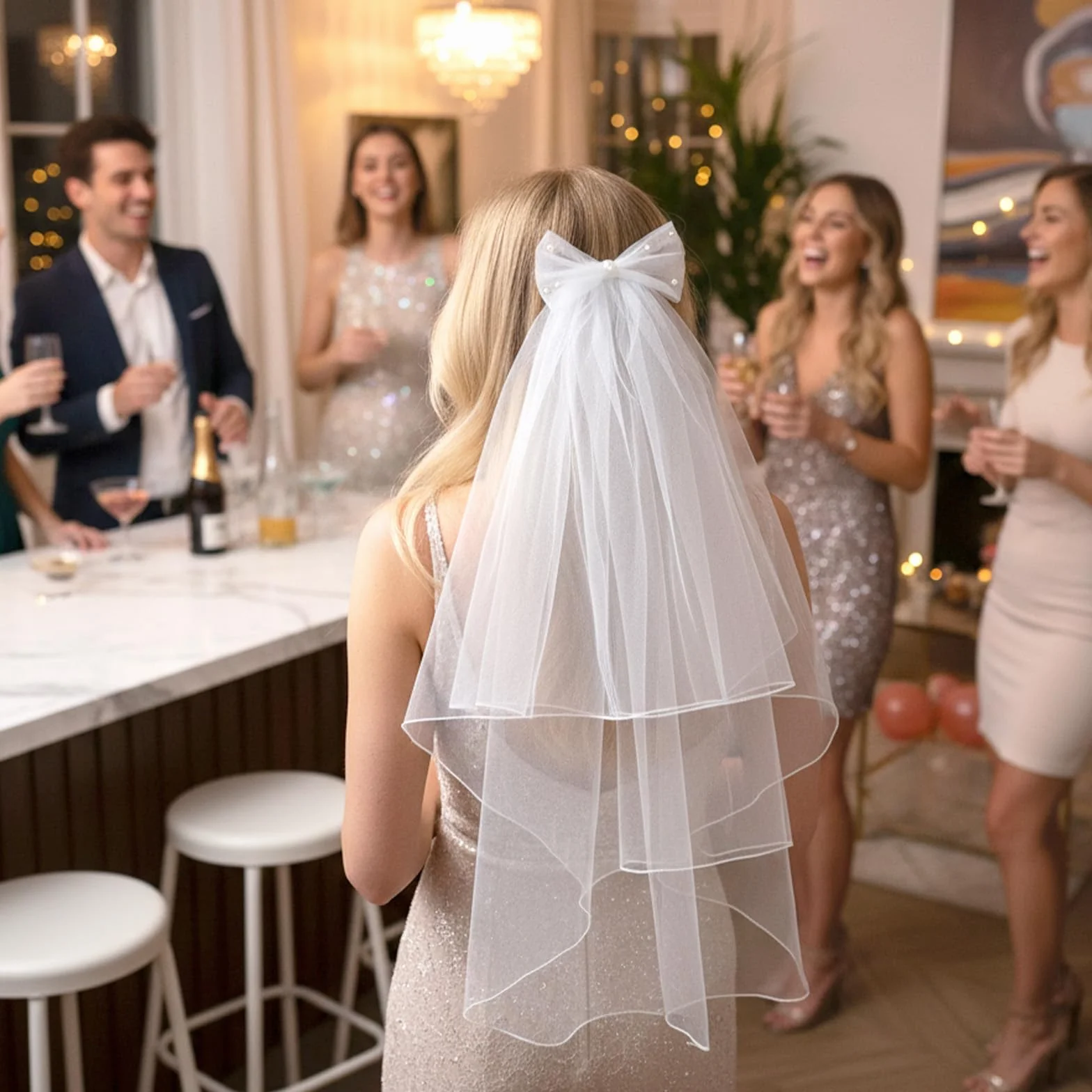 Welon ślubny z kokardą, welon ślubny krótki, welon ślubny, welon na wieczór panieński dla wesel, pierwszej komunii, zaręczyn, balów, imprez, występów