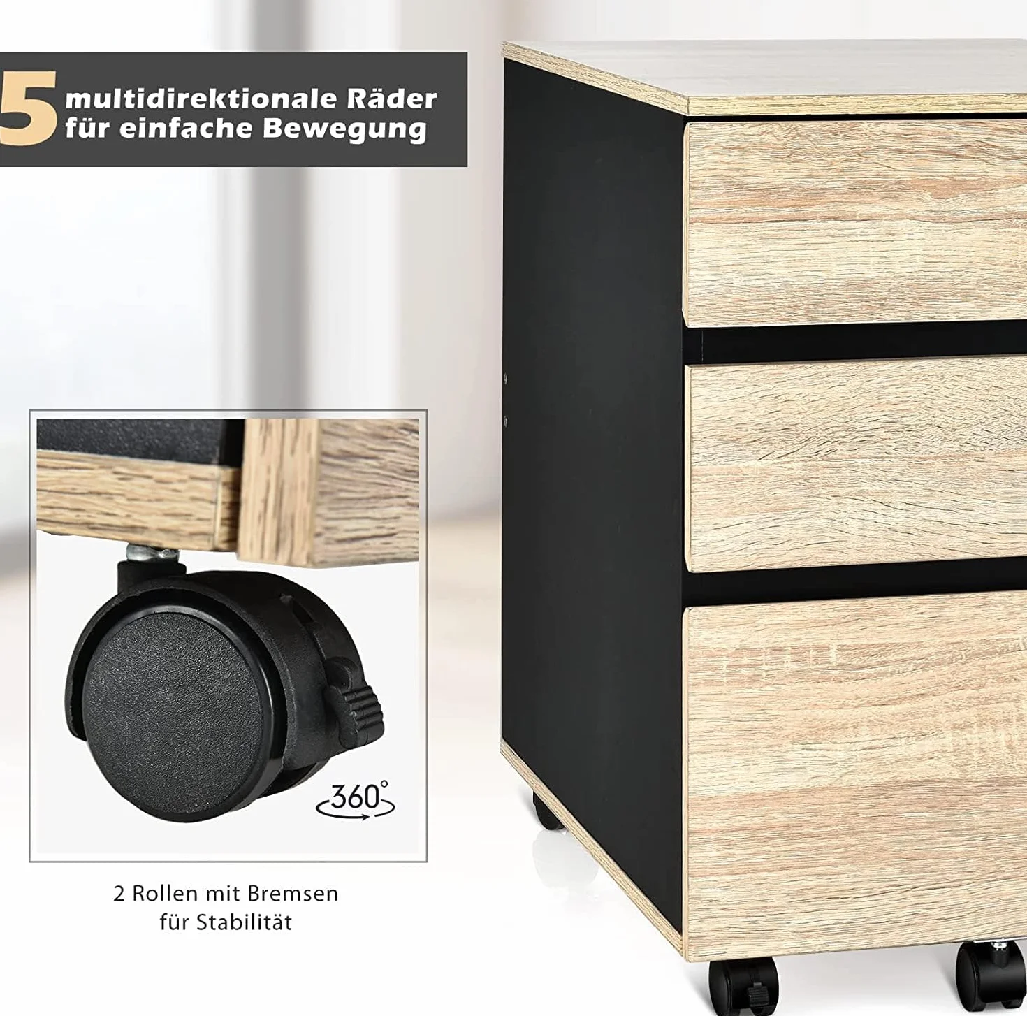 COSTWAY Kontener na kółkach z 3 szufladami, szafka biurowa z zabezpieczeniem przed przewróceniem, 39 x 53 x 58 cm, naturalny