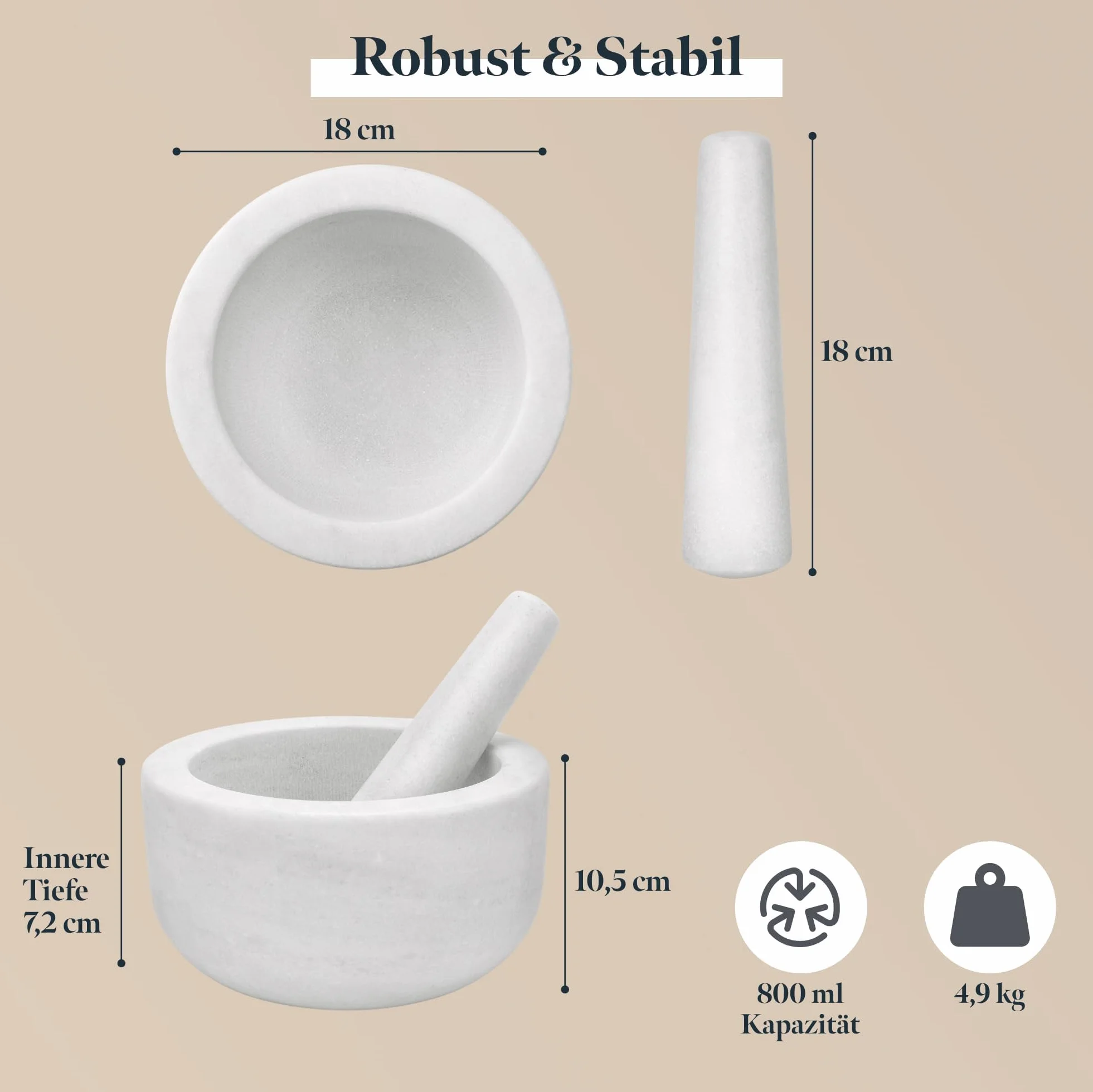 Zestaw moździerz z tłuczkiem z marmuru - 18 x 18 x 10cm - 800ml Mały moździerz z tłuczkiem - Mortar and Pestle do przypraw Salsa Pesto - Biały