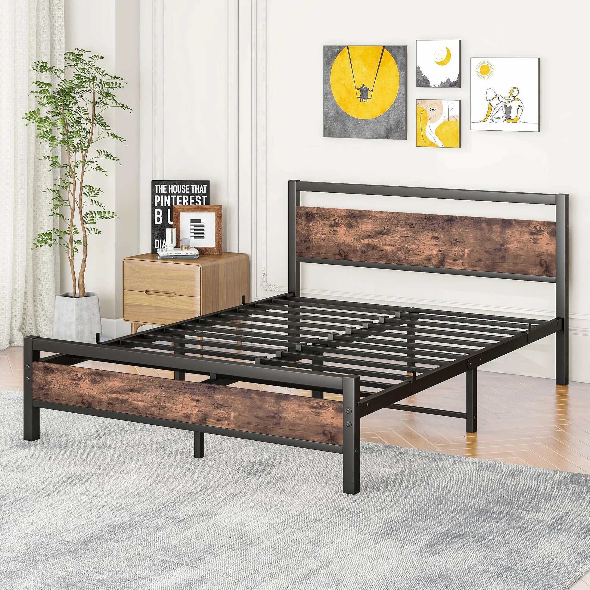 Rama łóżka 160 x 200 cm, rama łóżka z metalu, drewno, łóżko metalowe ze stelażem, łóżko dla gości, łóżko młodzieżowe, łóżko podwójne, 160 x 200 cm, z zagłówkiem, metalowe, brązowe i czarne